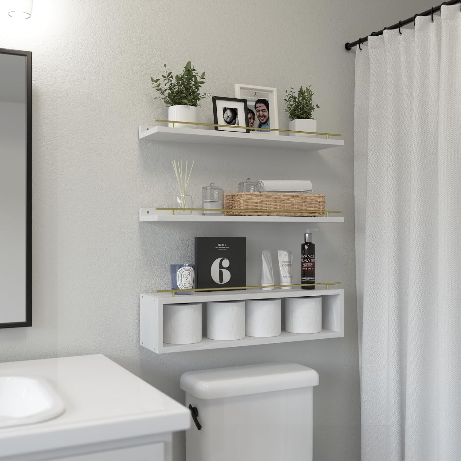 Floating Shelves for Wall 24 inch with Cube Shelf, Wall Shelves with Metal Rail for Decor, Bathroom Organizers and
