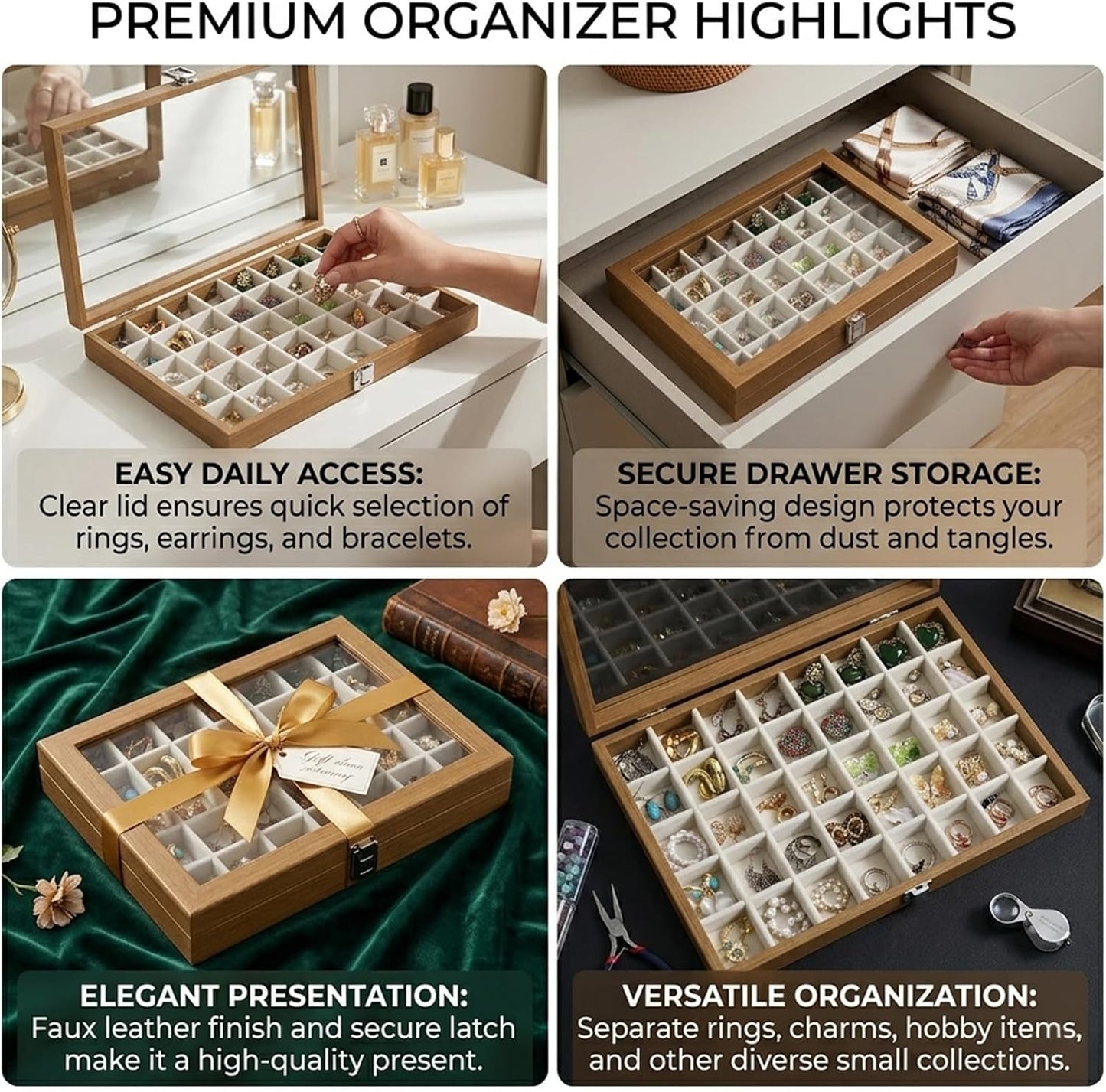 30 Grid Wood Jewelry Organizer / Beige / Set of 30