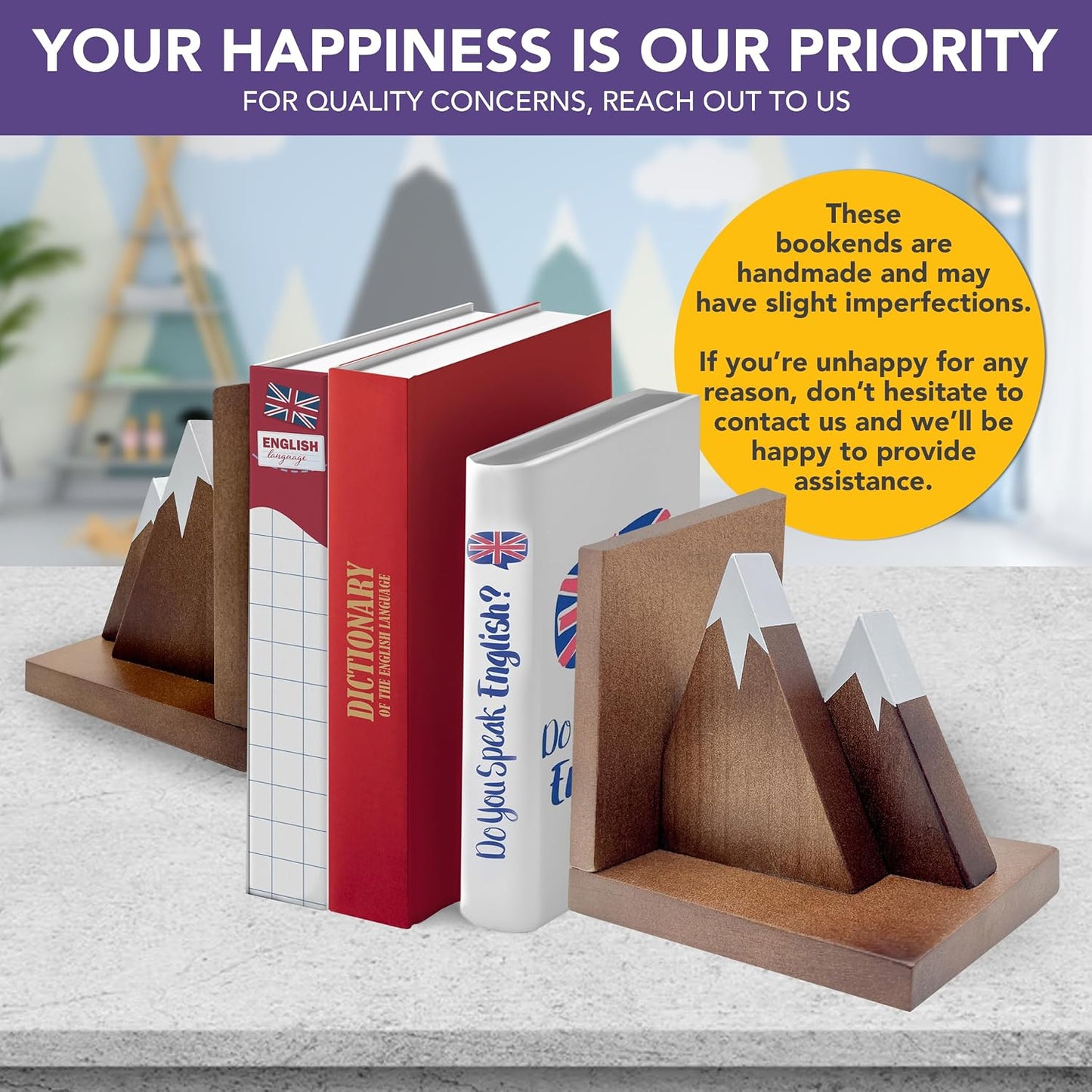 Non-Skid Wooden Mountain Bookends for Kids