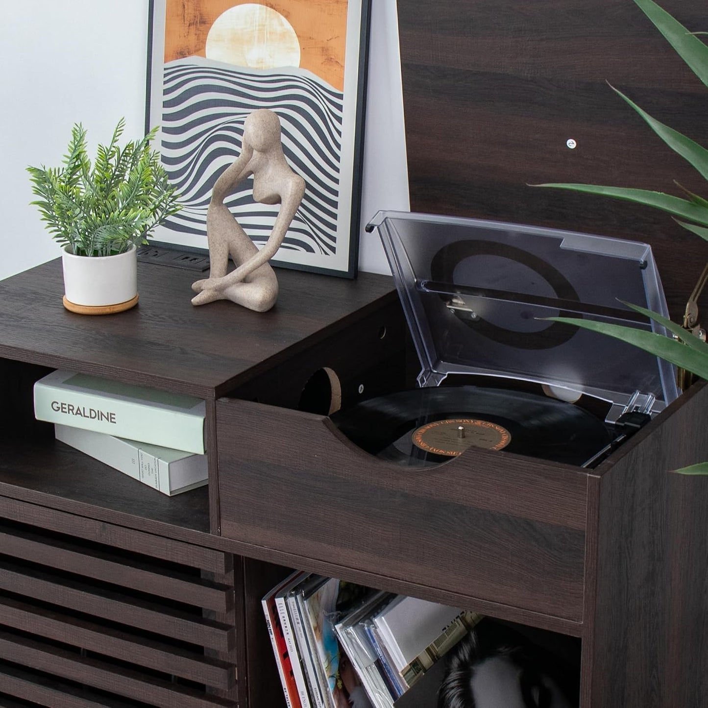 Record Player Stand, Vinyl Record Cabinet Holds Up to 200 Albums | Vinyl Storage Cabinet with Power Outlet, Turntable