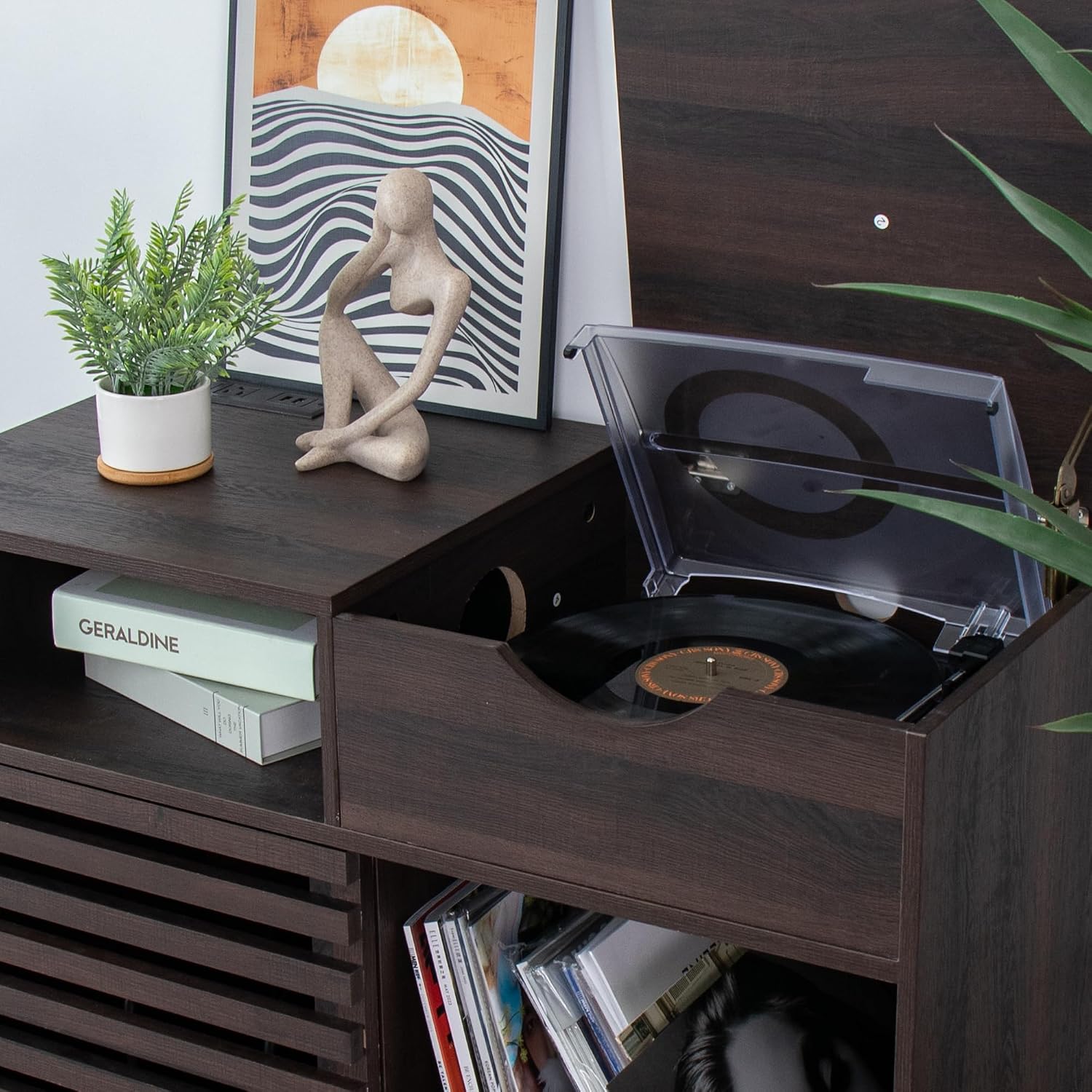Record Player Stand, Vinyl Record Cabinet Holds Up to 200 Albums | Vinyl Storage Cabinet with Power Outlet, Turntable