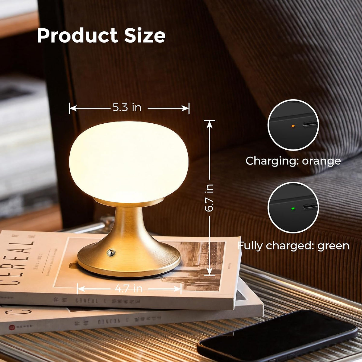 Cordless Mushroom Table Lamp - Stepless Dimming - 2700K Warm Light - Gold | Aluminum Base & Glass Shade - 150LM