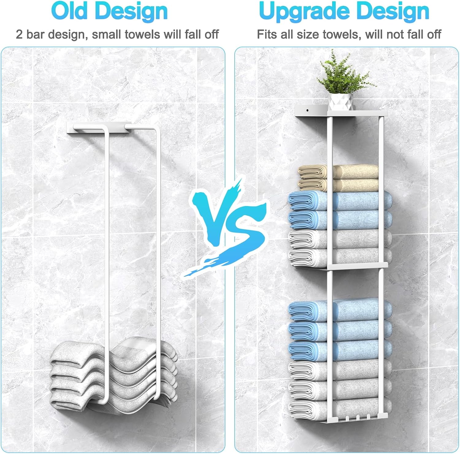 Liuoud Towel Rack for Bathroom, Wall Mounted Vertical Rolled Towel Storage Organizer Holder with Shelf, Holds Up 6