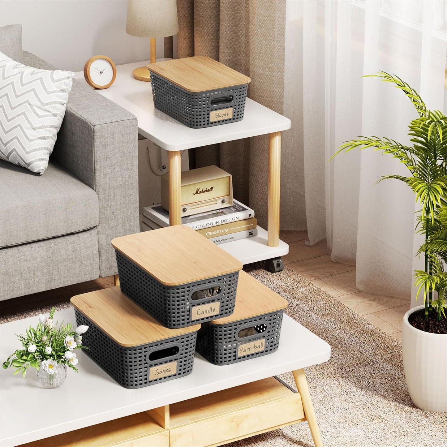 Storage Bins / Stackable Plastic Storage Basket / Gray / Set of 6