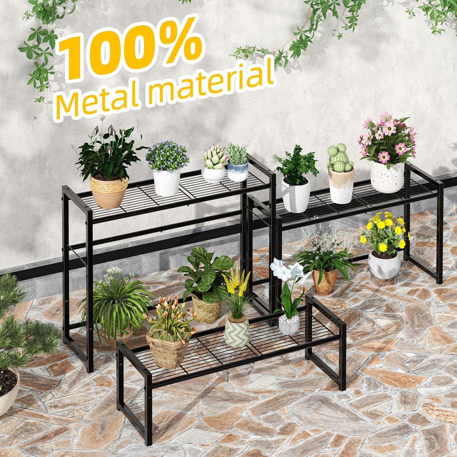 Simple Trending 3 Tier Metal Plant Stand Outdoor Indoor Waterproof, Stackable Heavy Duty Tall Plant Shelf Flower Pot