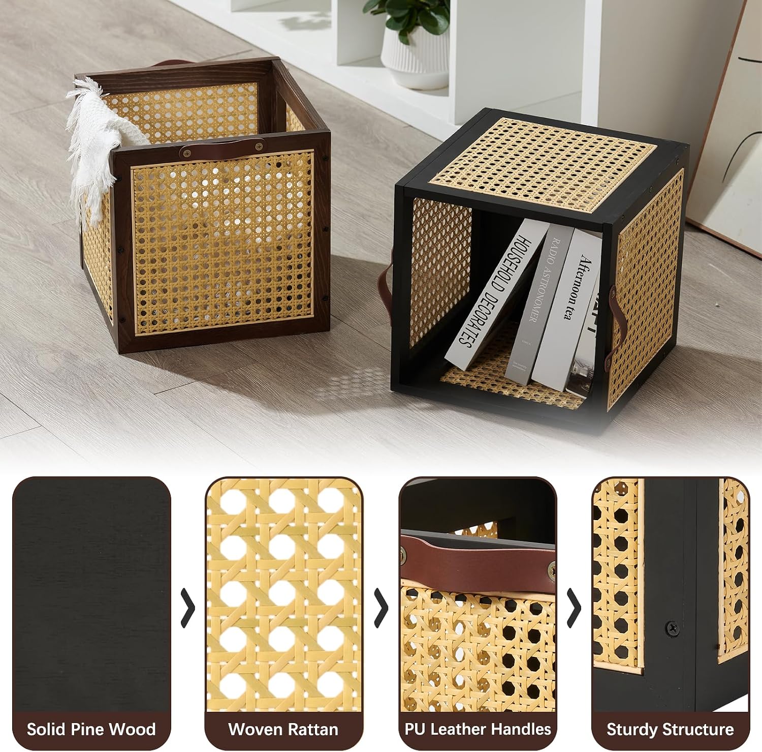 Rattan Storage Cubes Wooden Storage Baskets Boxes Decorative Natural Handmade Bohemian Solid / Black