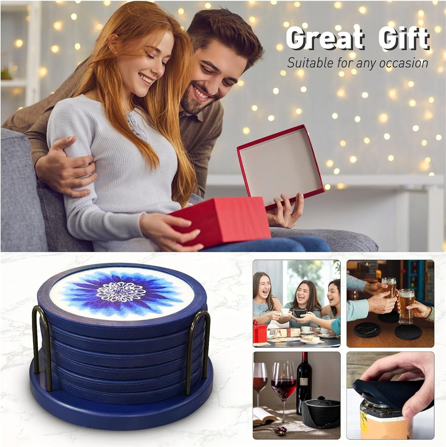 Indigo Floral Non-Slip Silicone Coasters / 6pc / Set of 4