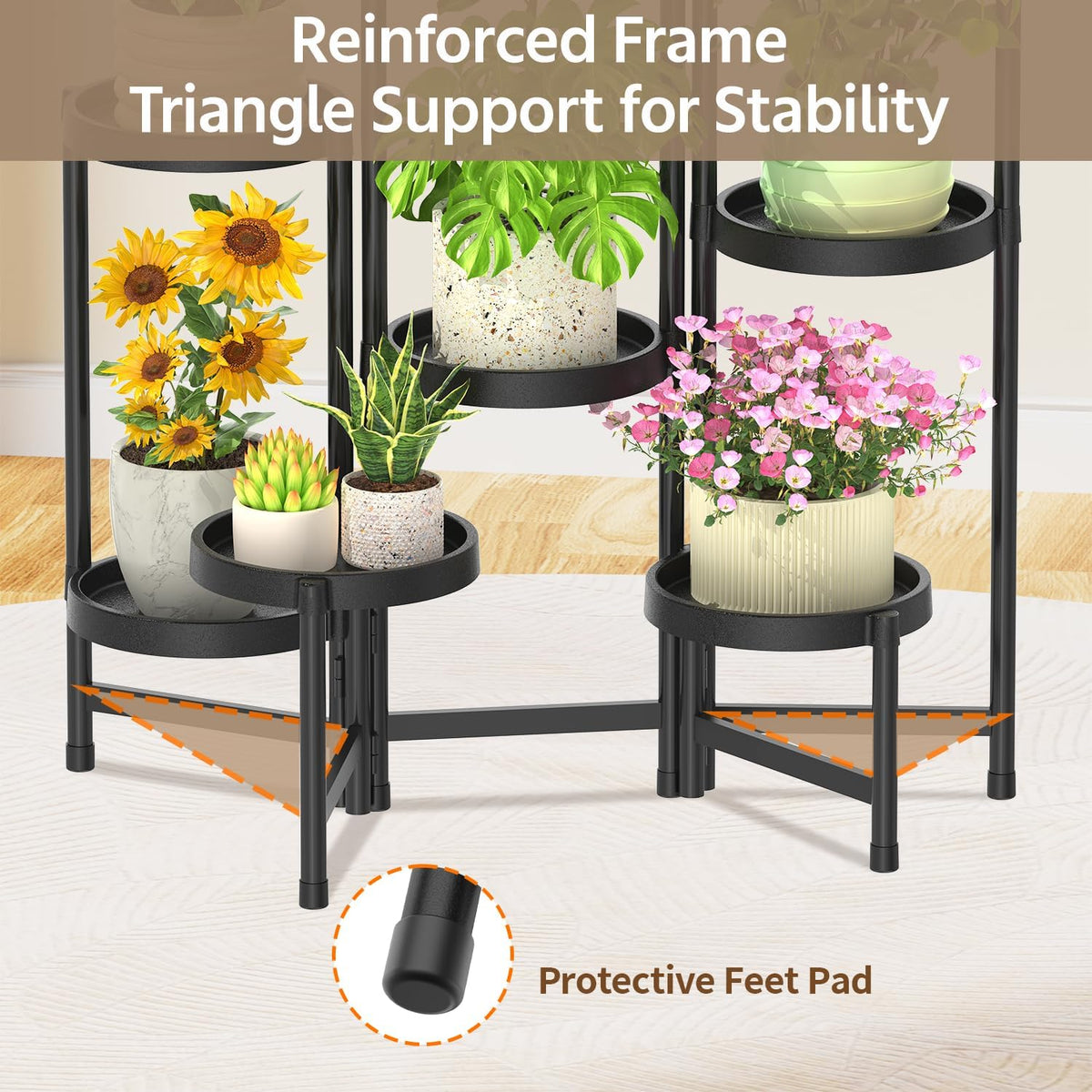 LASZOLA Plant Stand Indoor Outdoor Tall with Plastic Tray, 8 Tiers Black | Corner Folding Flower Display Rack, Modern