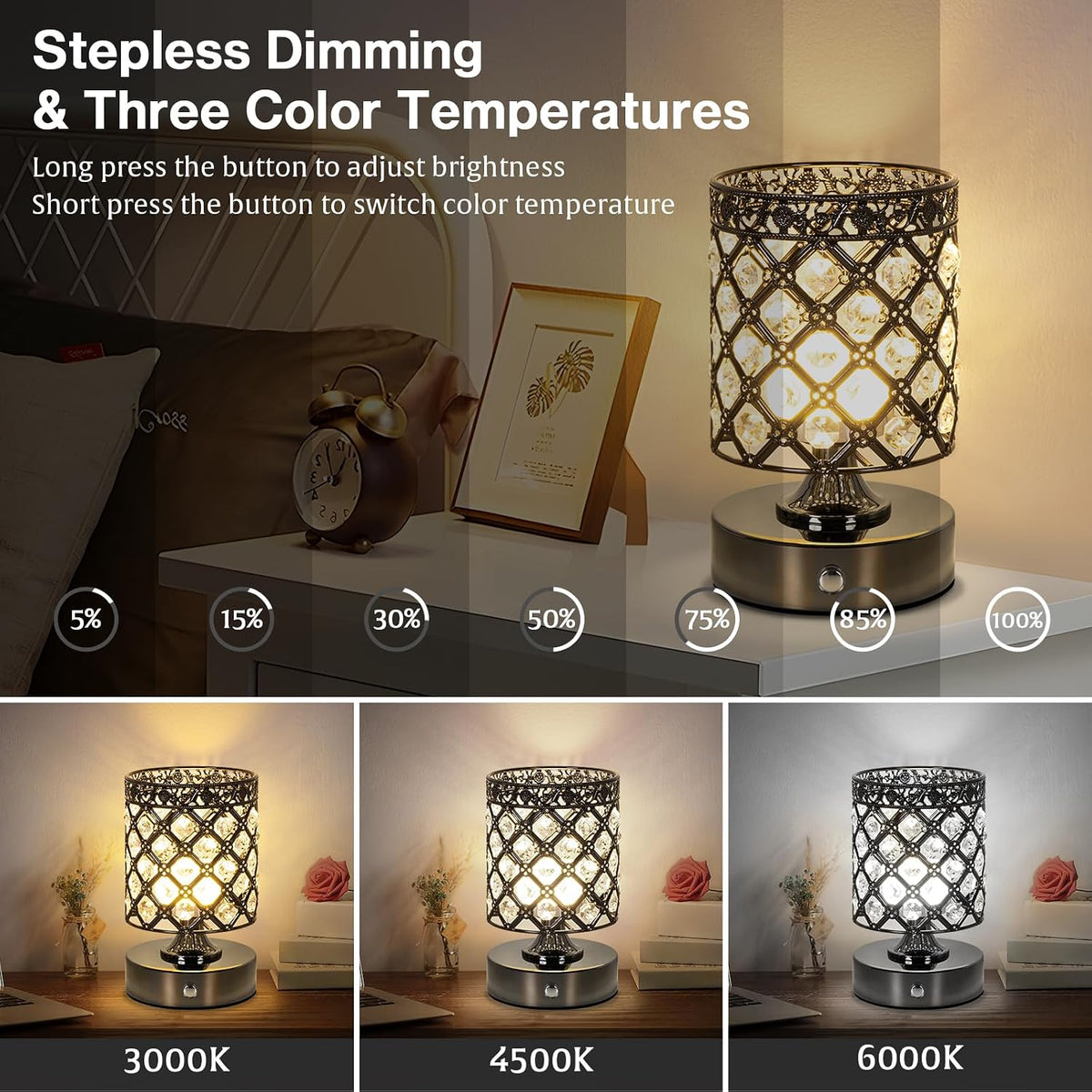 Black Small Crystal Rechargeable Cordless Table Lamps Set of 2 | 6000mAh Battery, 3 Color Temps, Stepless Dimming