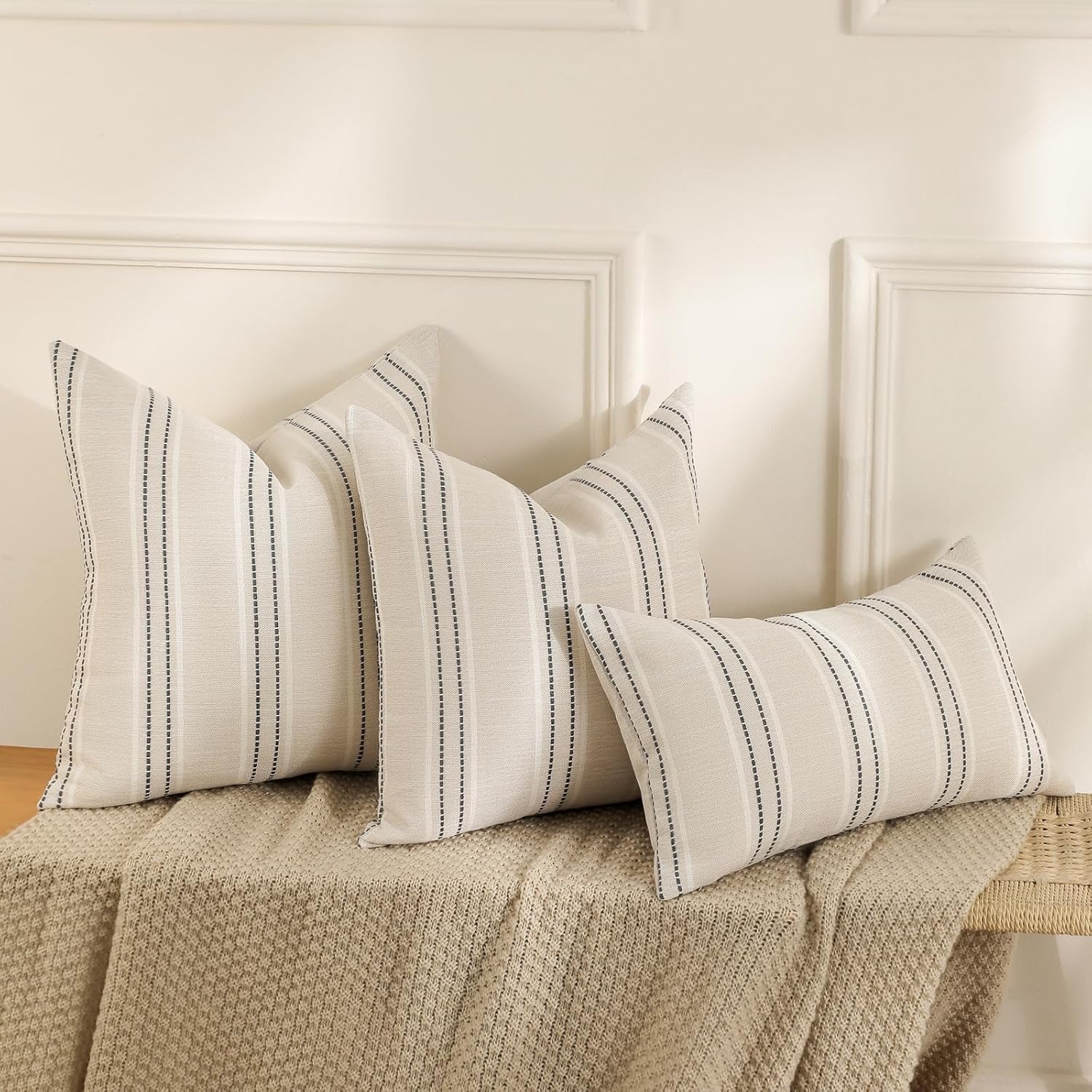 Decorative Pillow Covers Striped Throw Pillows Textured Linen Pillow / Grey / 18 x 18 / Set of 2