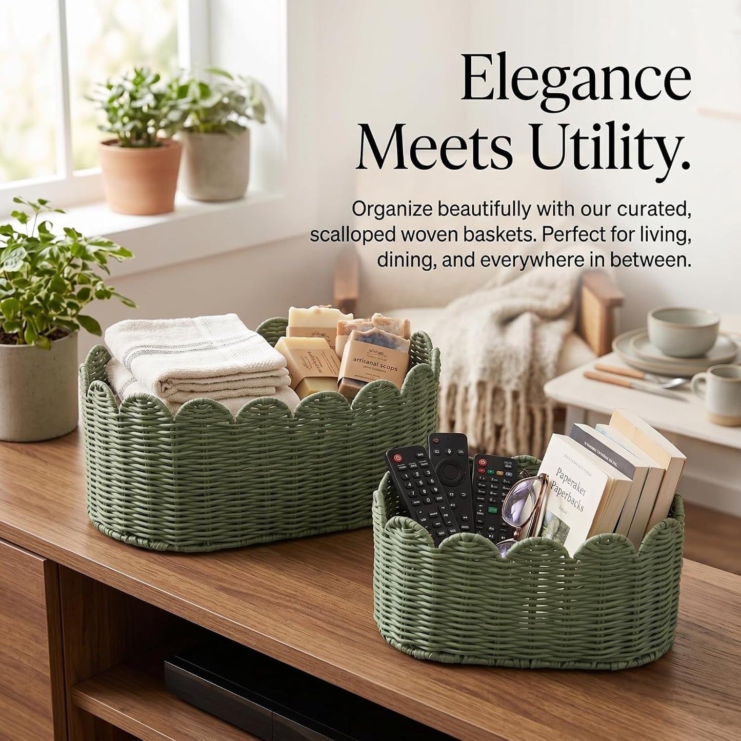 Large Scalloped Storage Baskets / Sage Green / Set of 2