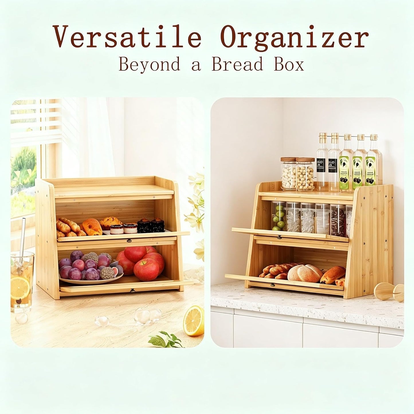 Double Layer Bamboo Bread Box with Window for Countertop | Natural Bamboo, Corner Bread Box, Double Layer with Clear