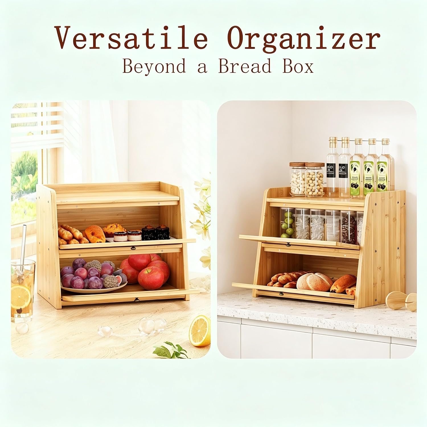 Double Layer Bamboo Bread Box with Window for Countertop | Natural Bamboo, Corner Bread Box, Double Layer with Clear