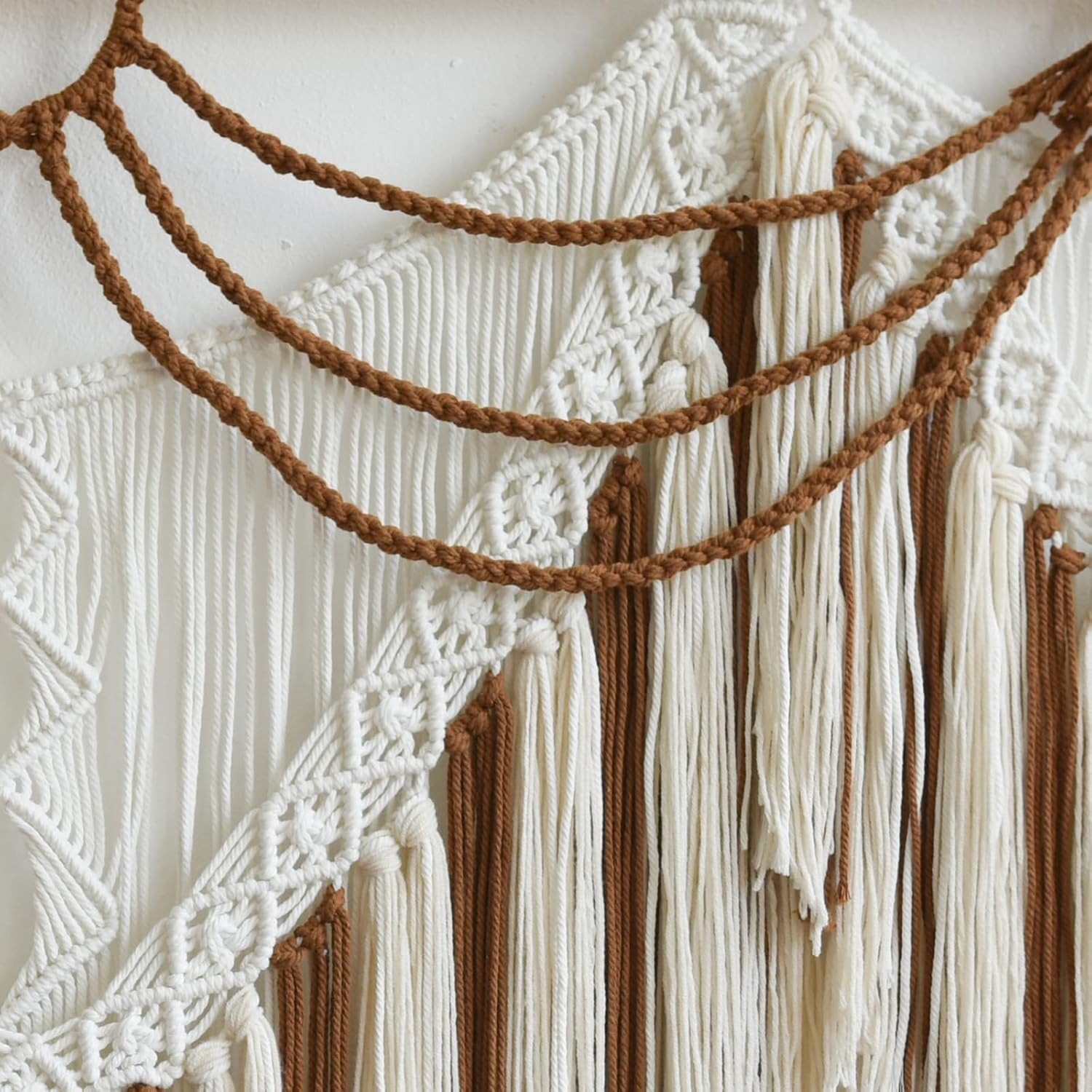 Boho Woven Wall Hanging Handwoven Geometric Tapestry Handmade Macrame Decor / Brown and White