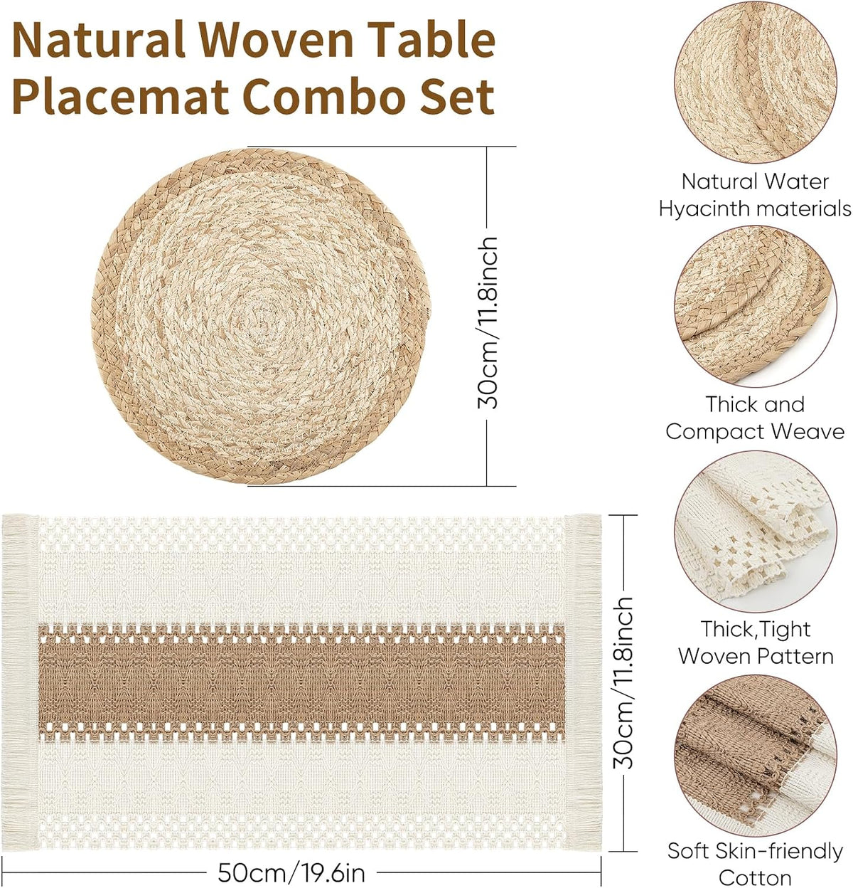 ADRIMER 12 Pcs Placemats, 6 Pcs Natural Cotton Burlap Place Mats and 6 Pcs Rattan Wicker Braided Table Mats, Farmhouse