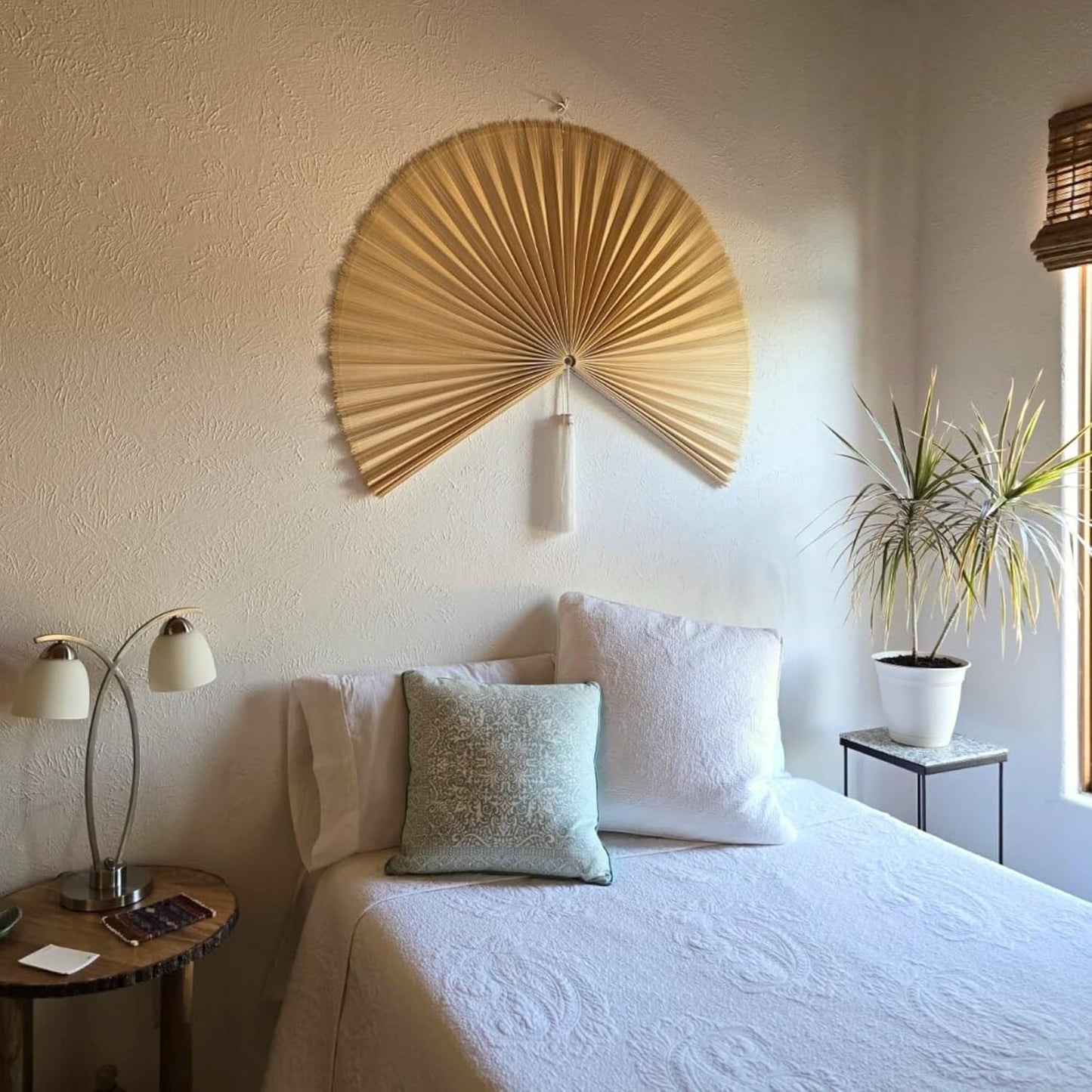 Large Bamboo Fan Wall Art for Boho Hanging Headboard / Ivory / 40inch