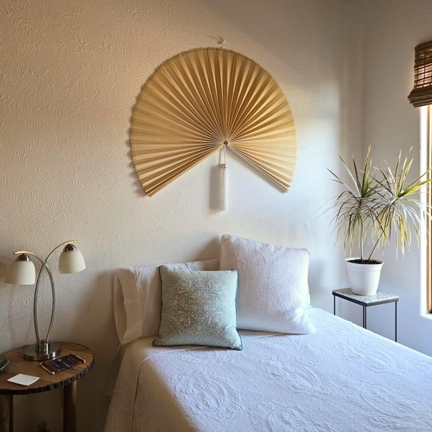 Large Bamboo Fan Wall Art for Boho Hanging Headboard / Ivory / 40inch