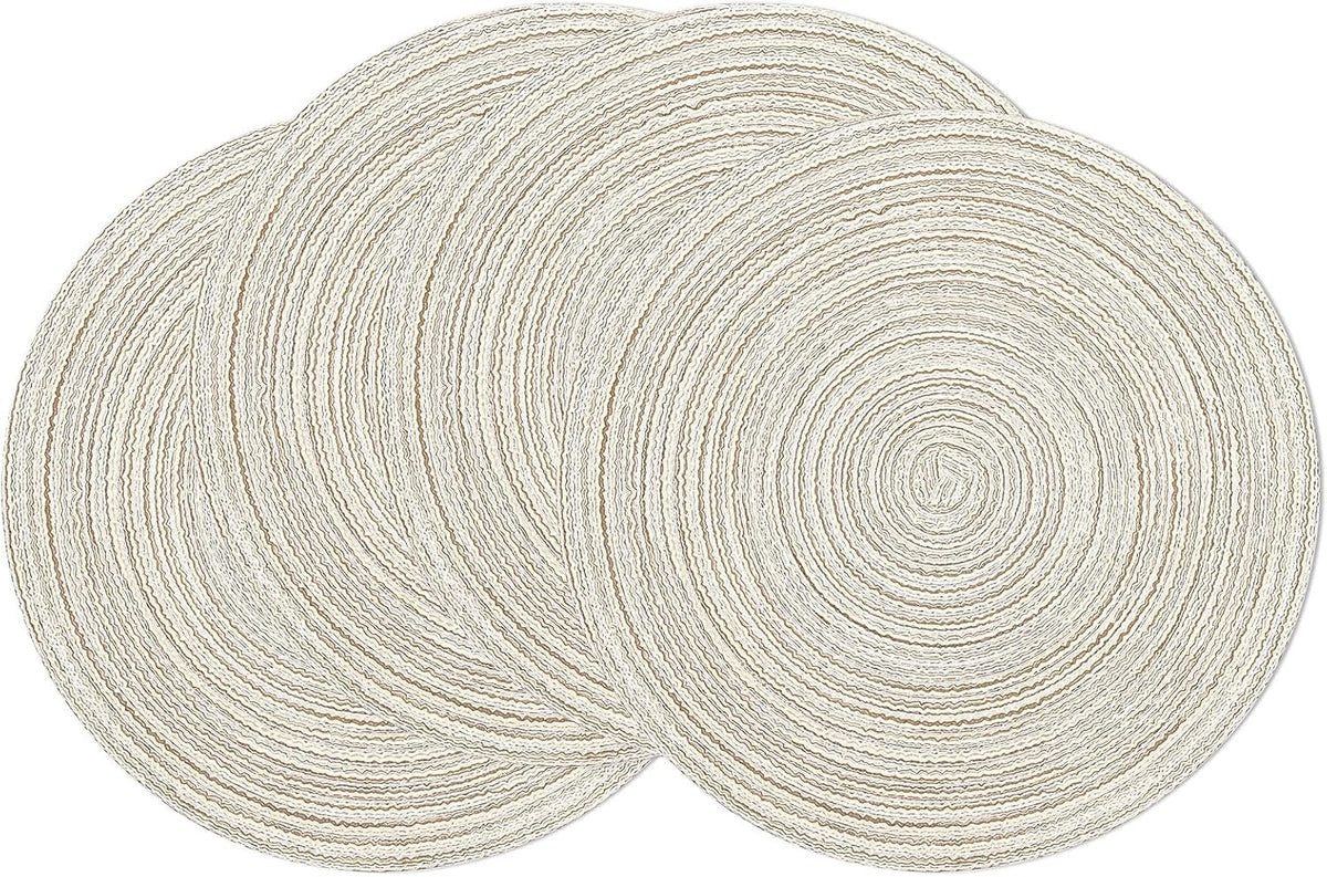 Floroom 15 Inch Round Braided Placemats Set of 4, Washable Heat Resistant Cotton Polyester Circle Place Mats for Kitchen Dining Table - Ivory Cream