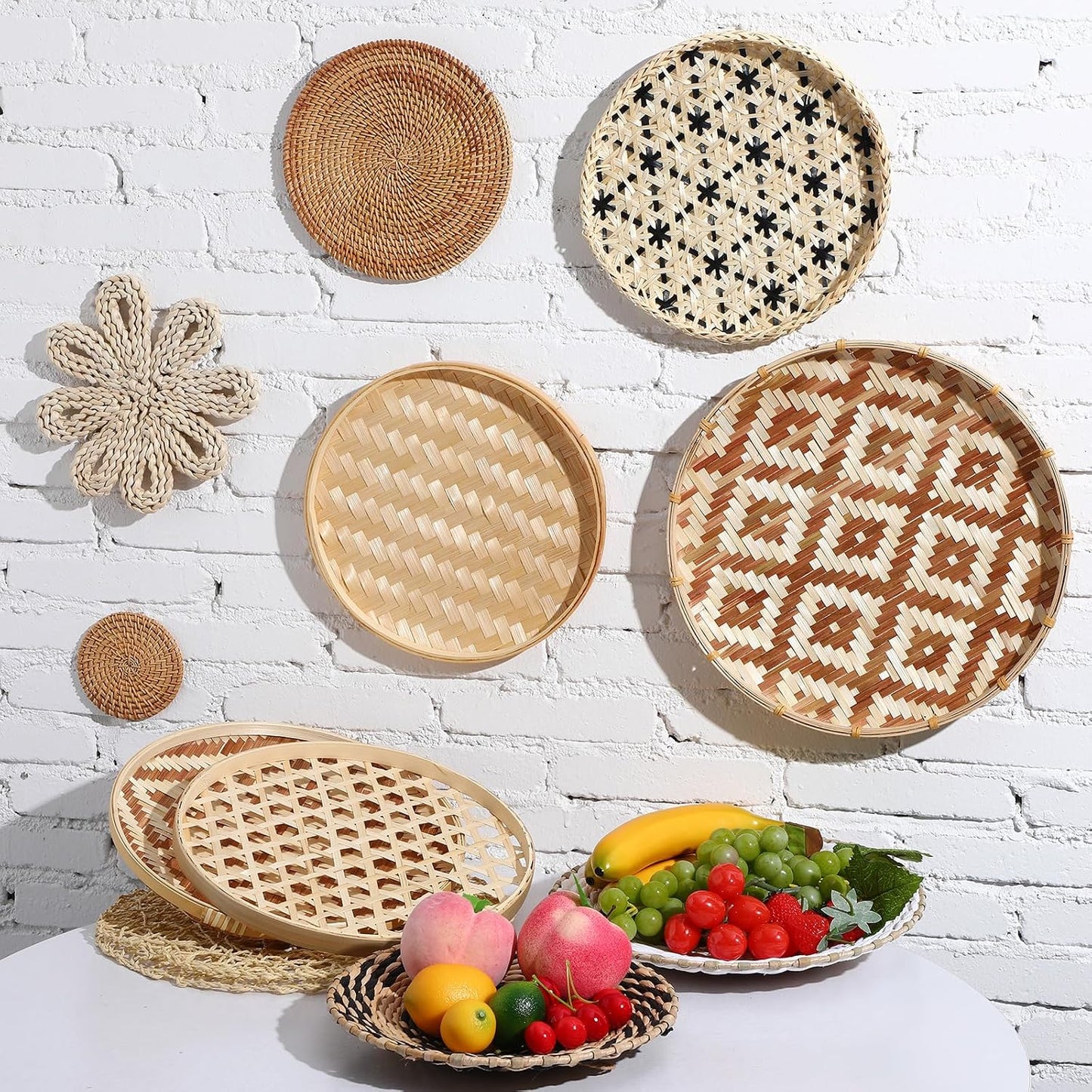 Wall Basket Decor Boho Wicker Handmade Farmhouse Rustic Wall Decoration Woven Hanging / Set of 15