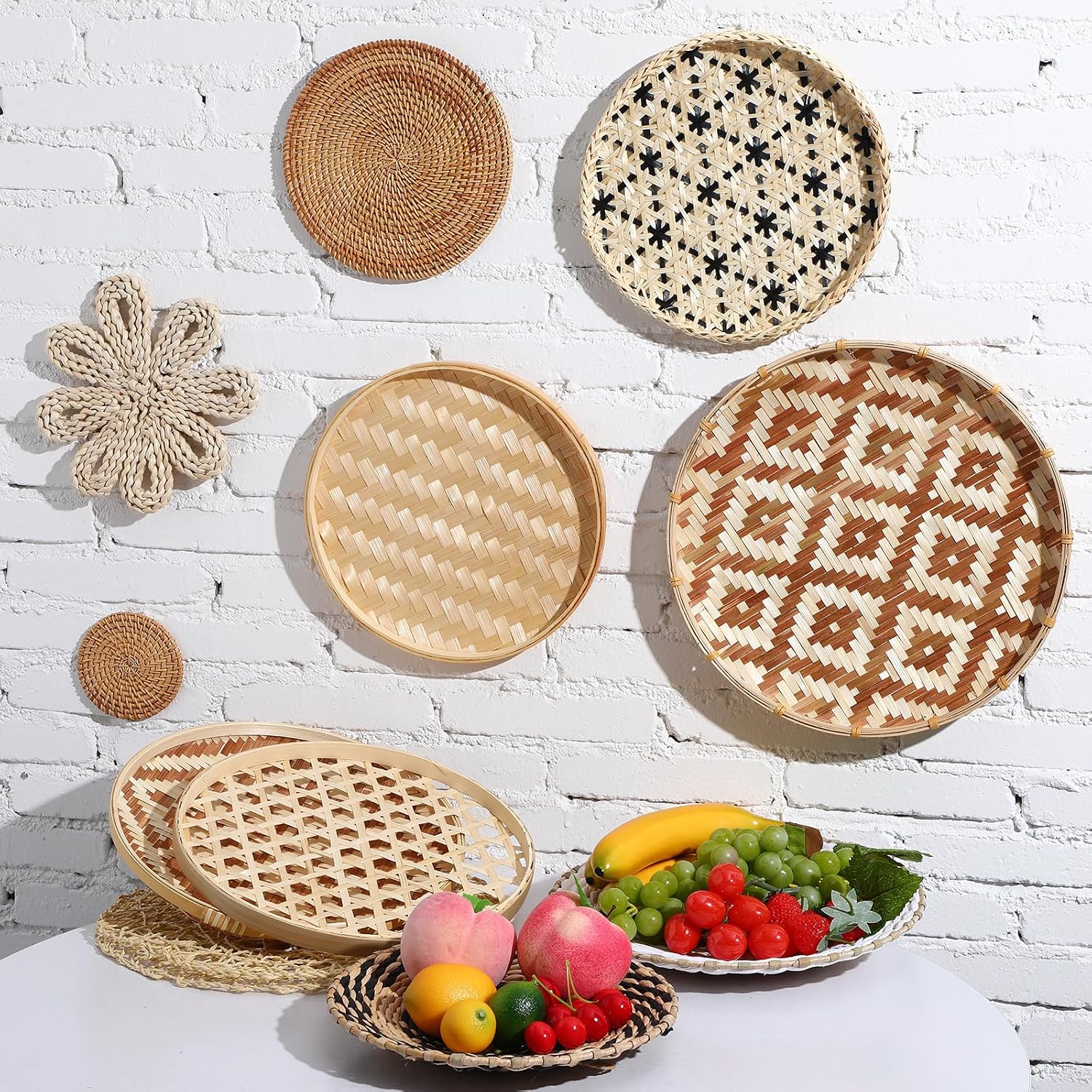 Wall Basket Decor Boho Wicker Handmade Farmhouse Rustic Wall Decoration Woven Hanging / Set of 15