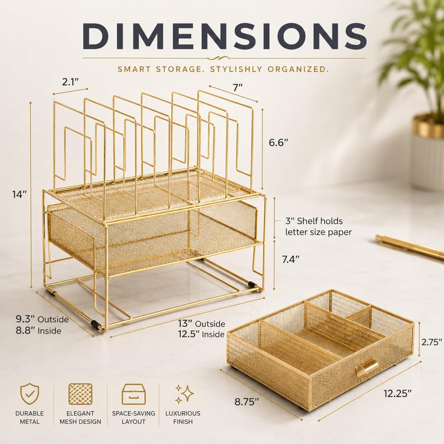 BLU MONACO | Gold Desk Organizer With Drawer | Metal Mesh File Holder & Vertical File Organizer | Desktop Storage for