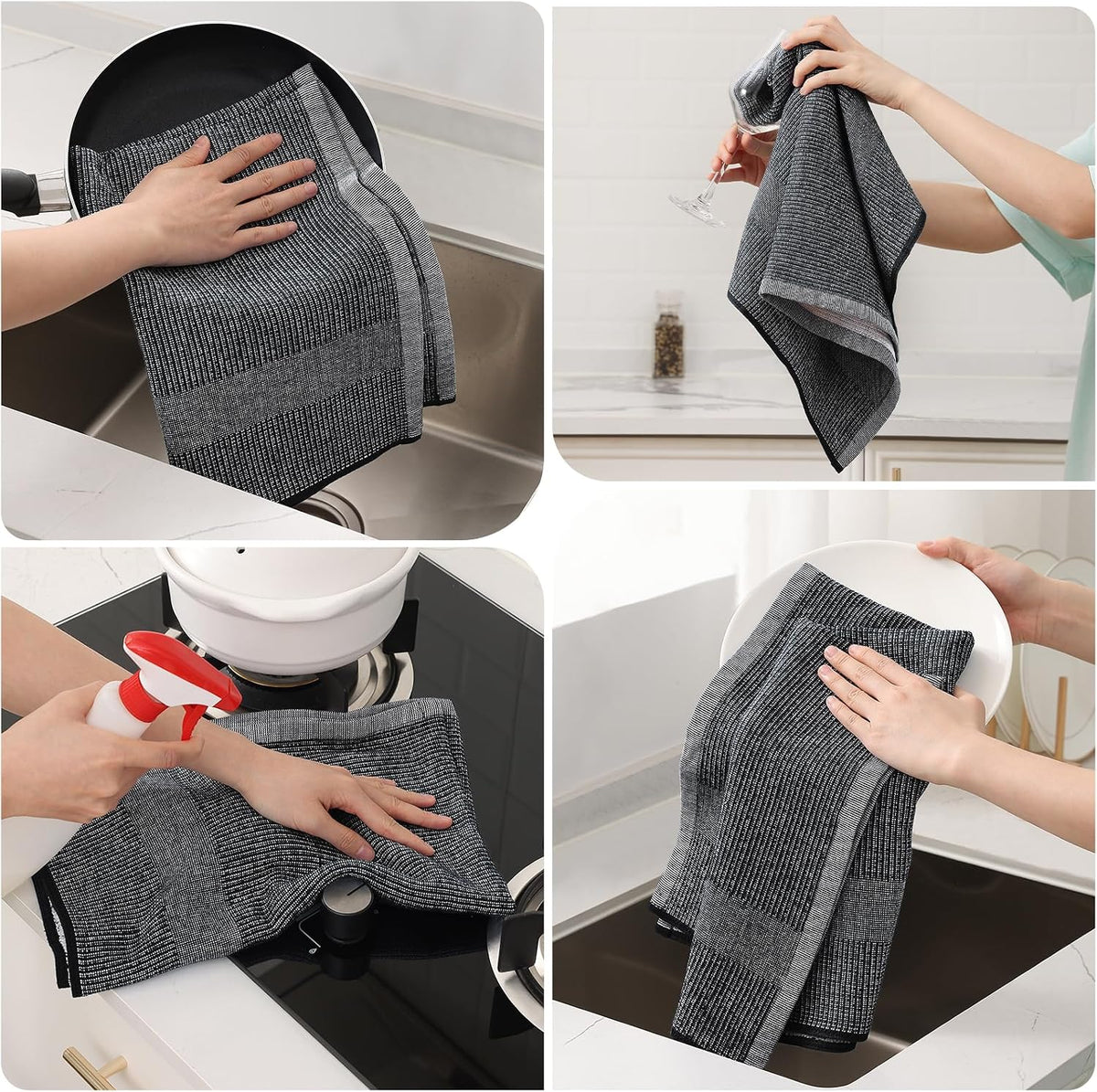 Mordimy Cotton Kitchen Towels (18"x 28", 12 Pack), Grey/Khaki/Black | 100% Ring Spun Cotton, Super Absorbent, 380 GSM