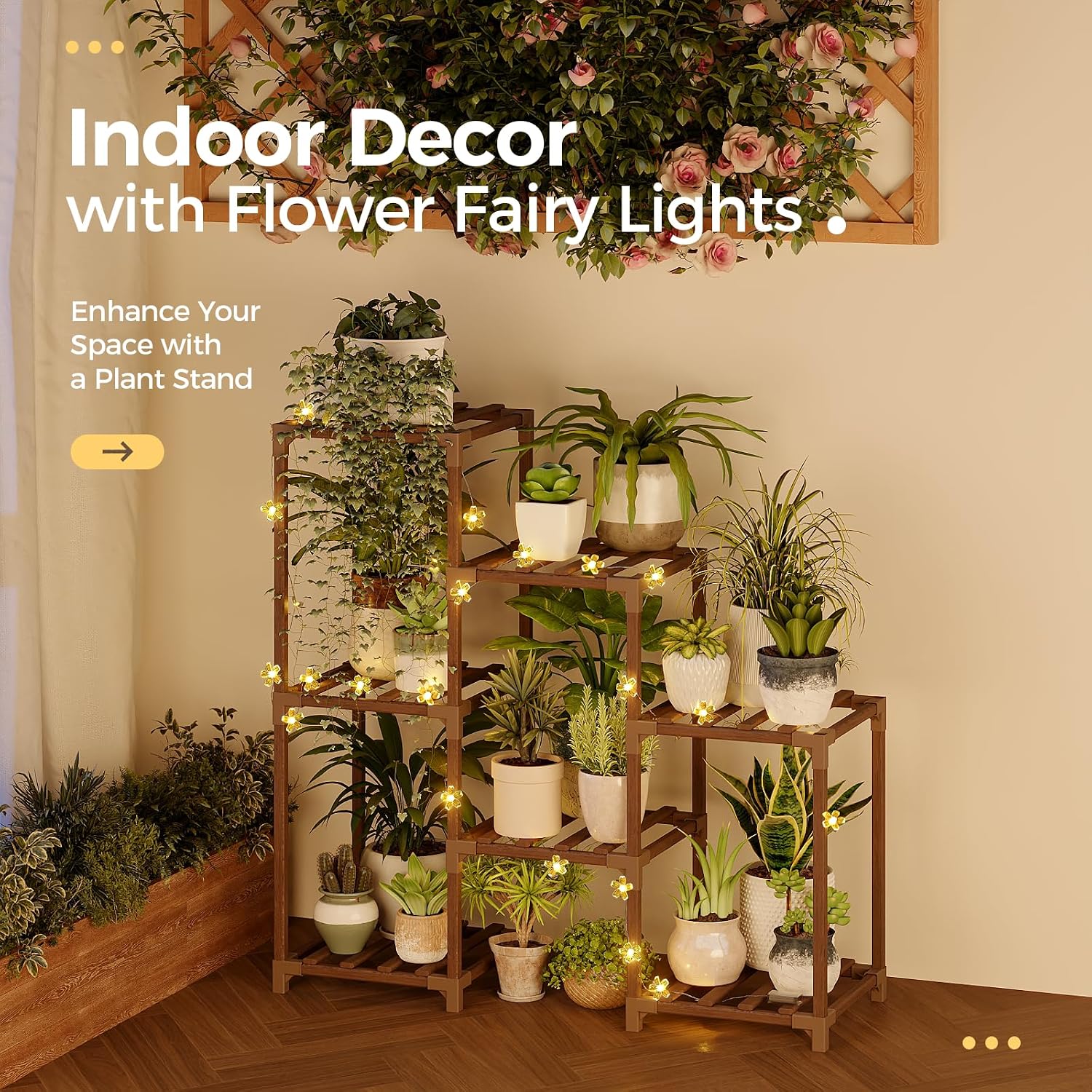 Bamworld Plant Stand Indoor with Flower Fairy Lights Battery Plant Shelf | Wood Plant Rack for Multiple Plants 3 Tiers