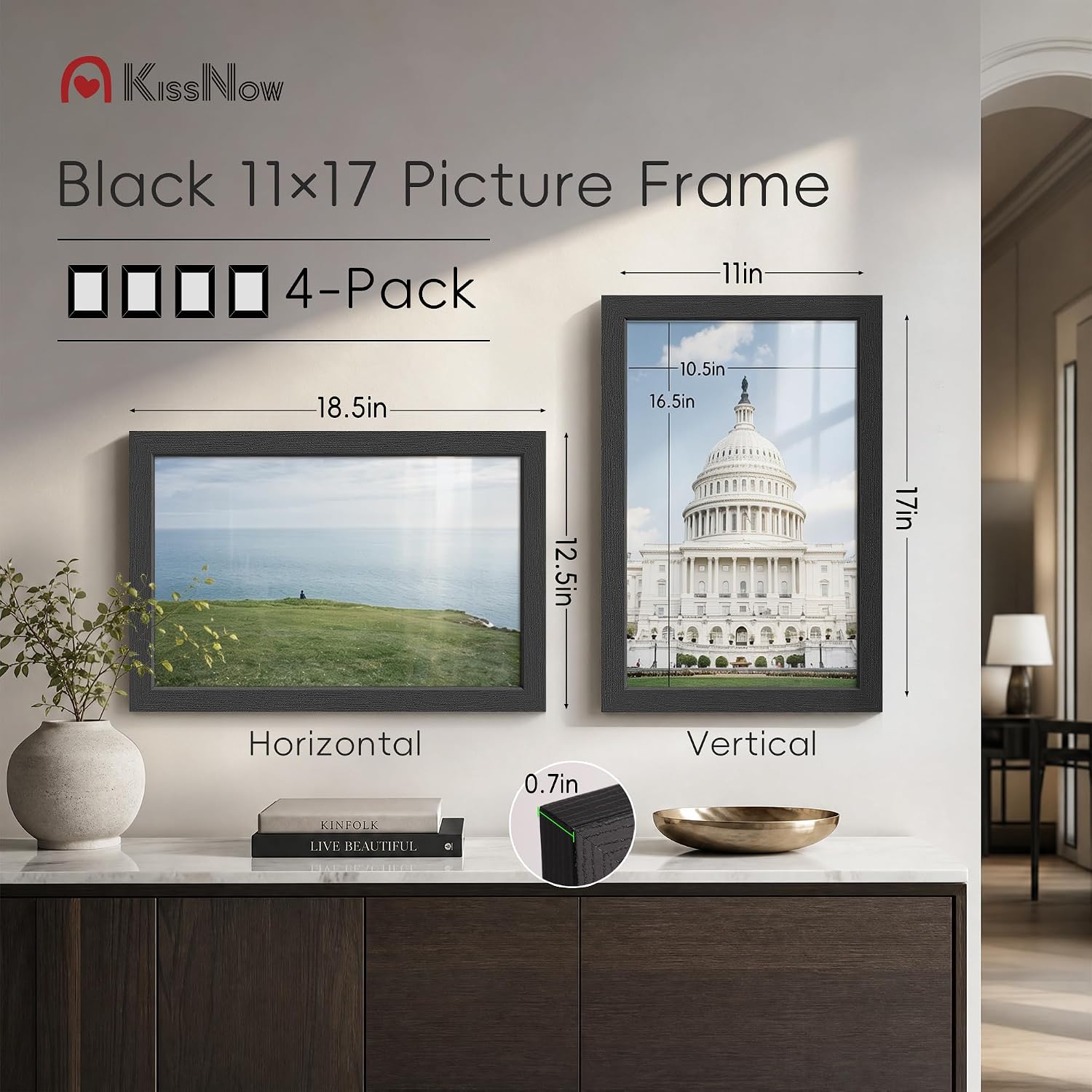 11x17 Picture Frame 4 Pack, Black Solid Wood, Gallery Wall Decor | Wall Hanging, Thick & Wide Border, Clear Plexiglass