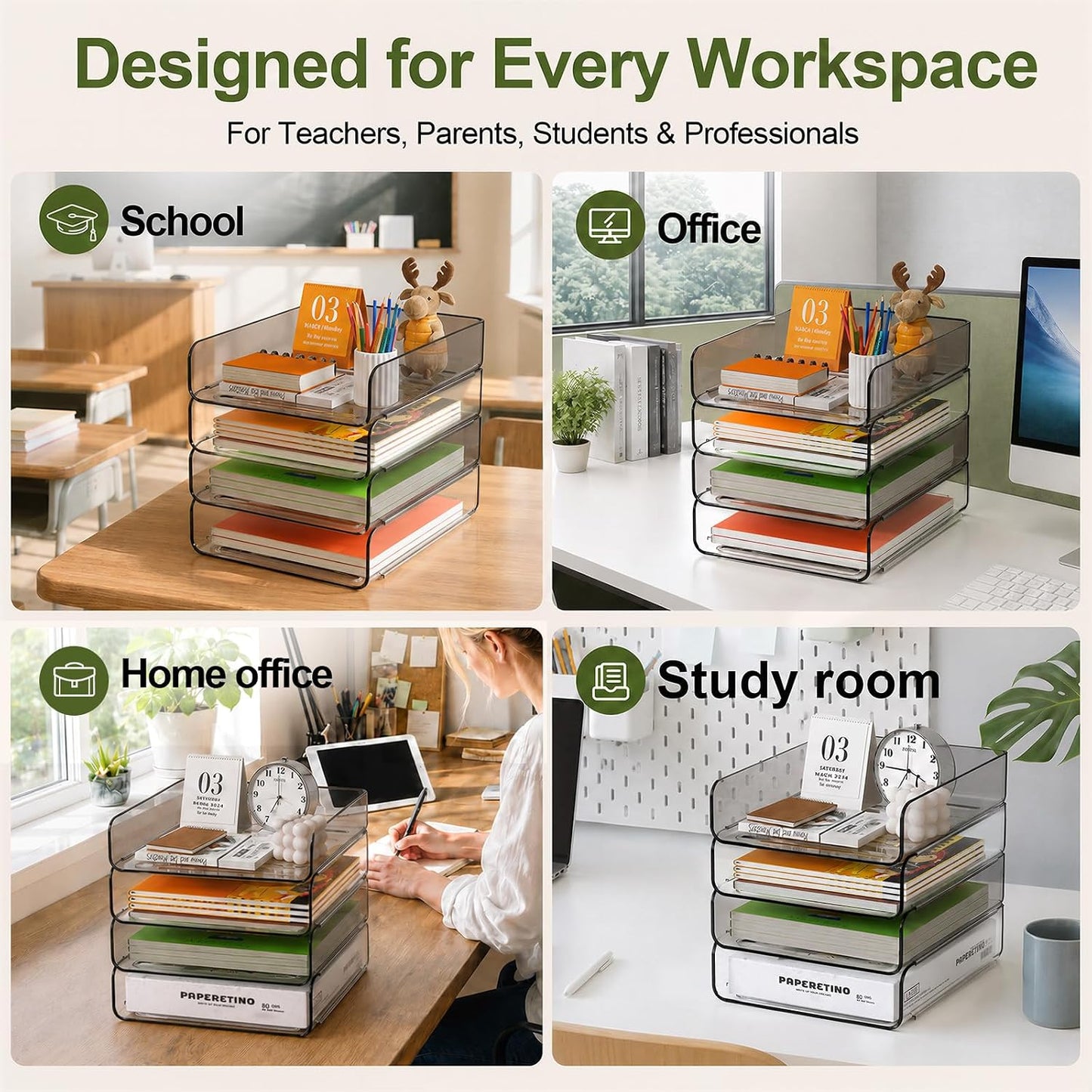 4-Tier Acrylic Paper Tray Organizer / Clear & Brown / 12.6 x 9.6 x 11