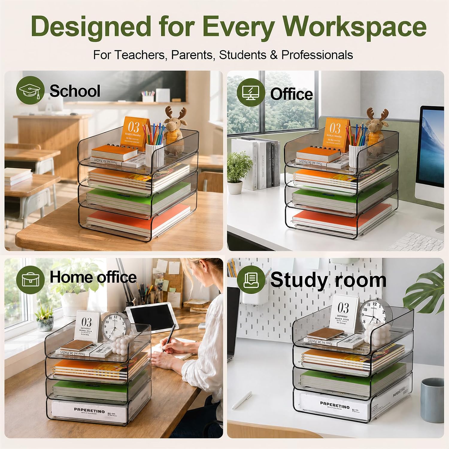 4-Tier Acrylic Paper Tray Organizer / Clear & Brown / 12.6 x 9.6 x 11
