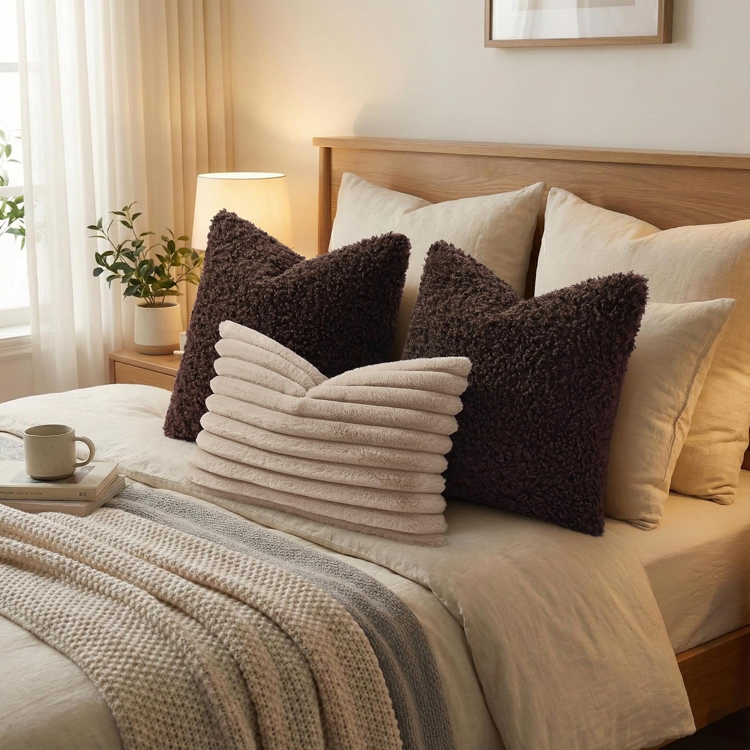 Faux Fur Decorative Sherpa Pillow Covers Fuzzy Accent Soft / Chocolate / 22 x 22 / Set of 2
