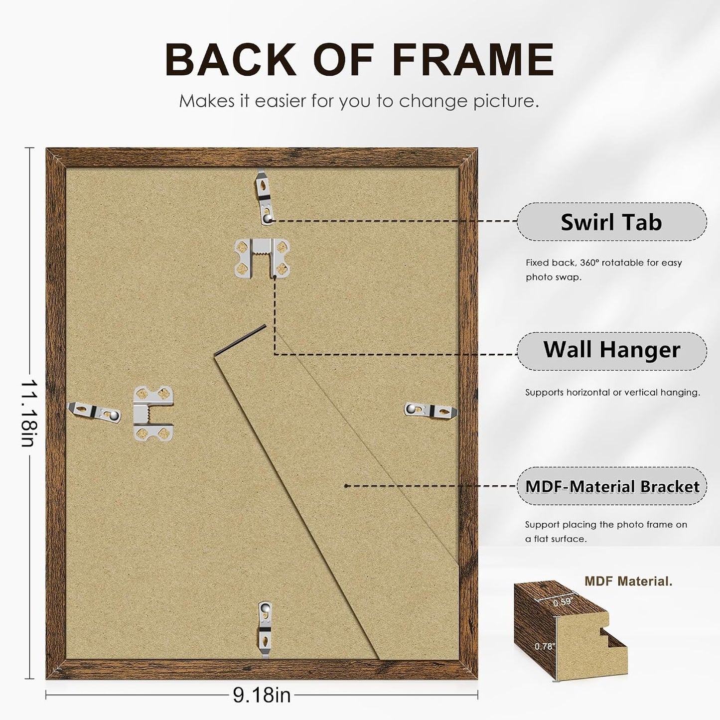 8x10 Picture Frame Set of 6, Wall or Tabletop Display, Rustic Brown | Display Pictures 5x7 with Mat or 8x10 Without