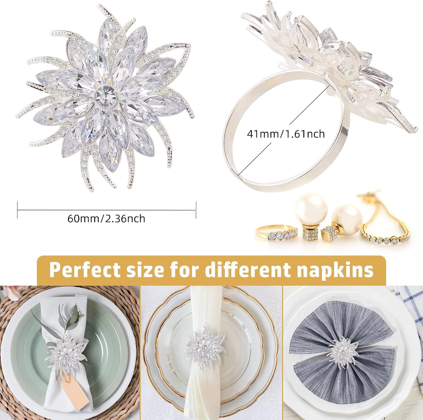 Christmas Flower Napkin Rings Set of 12, Silver Lotus Elegant Rhinestone Napkin Ring Serviette Buckles Holder for