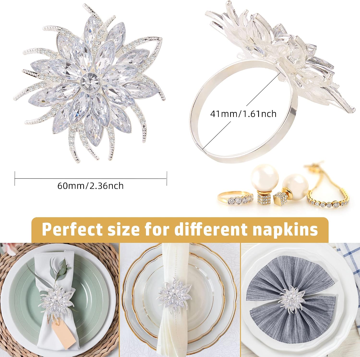 Christmas Flower Napkin Rings Set of 12, Silver Lotus Elegant Rhinestone Napkin Ring Serviette Buckles Holder for
