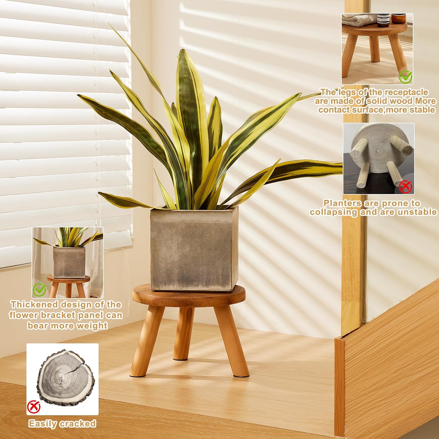 2 Pcs Plant Stand Indoor,11-12" Wood Plant Stand Holder with Growth Ring | Solid Wood Mid Century Modern Round Plant