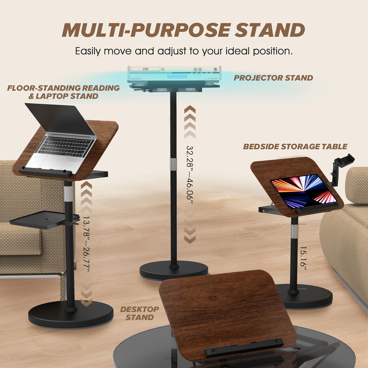 2 in 1 Adjustable Music Stand for Sheet Music, Dual Use Desktop and Floor, Book Stand with Tray & Elastic Page Clips