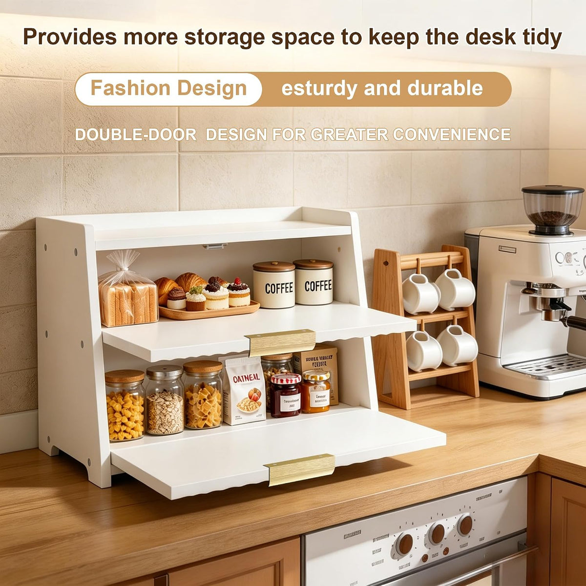 Large Bread Box, White, Double Layer Wooden | Top Shelf, Countertop Organizer Cabinet, For Bread & Coffee Station