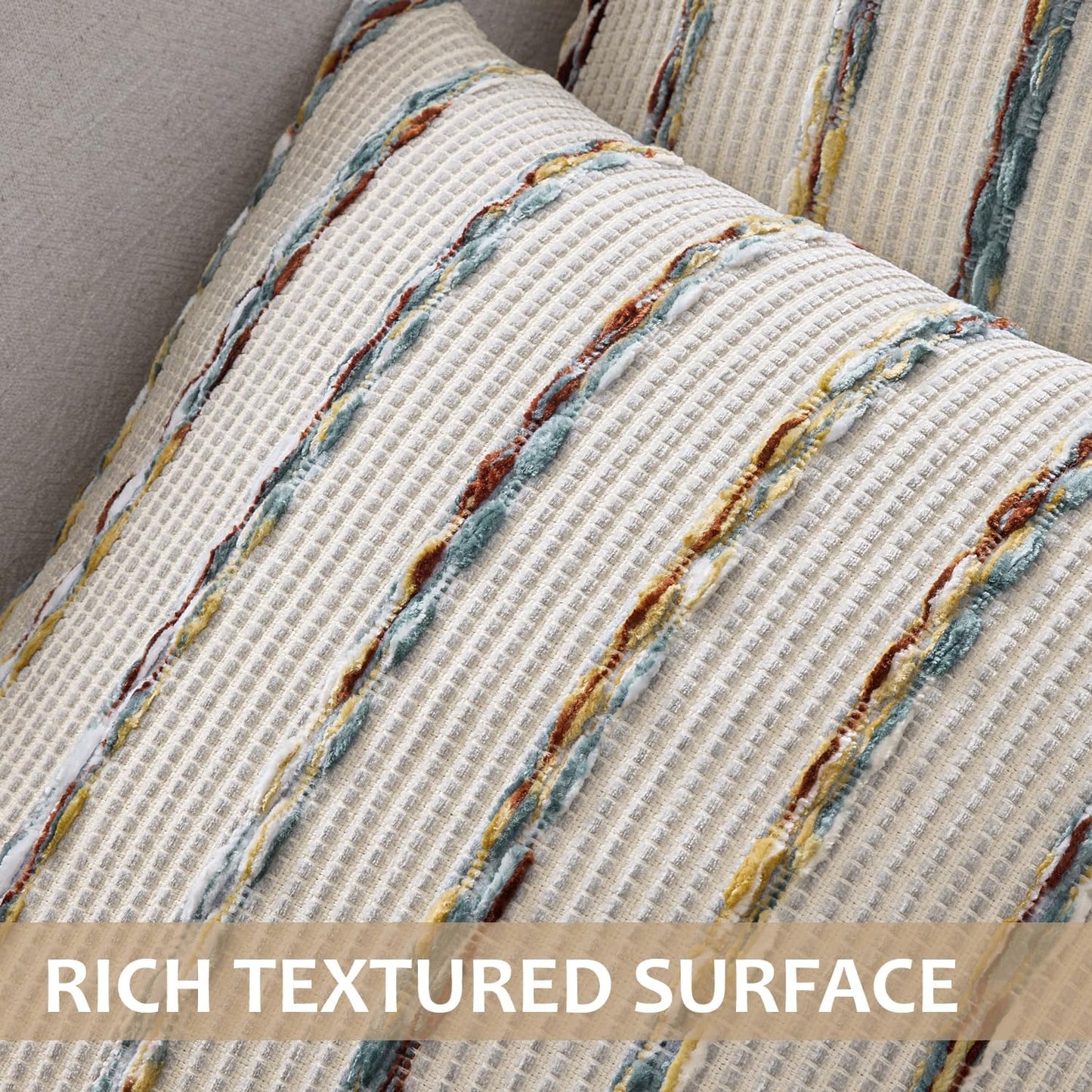 Boho Woven Chenille Pillow Covers Soft Textured Decorative / Blue Stripe / 18 x 18 / Set of 2