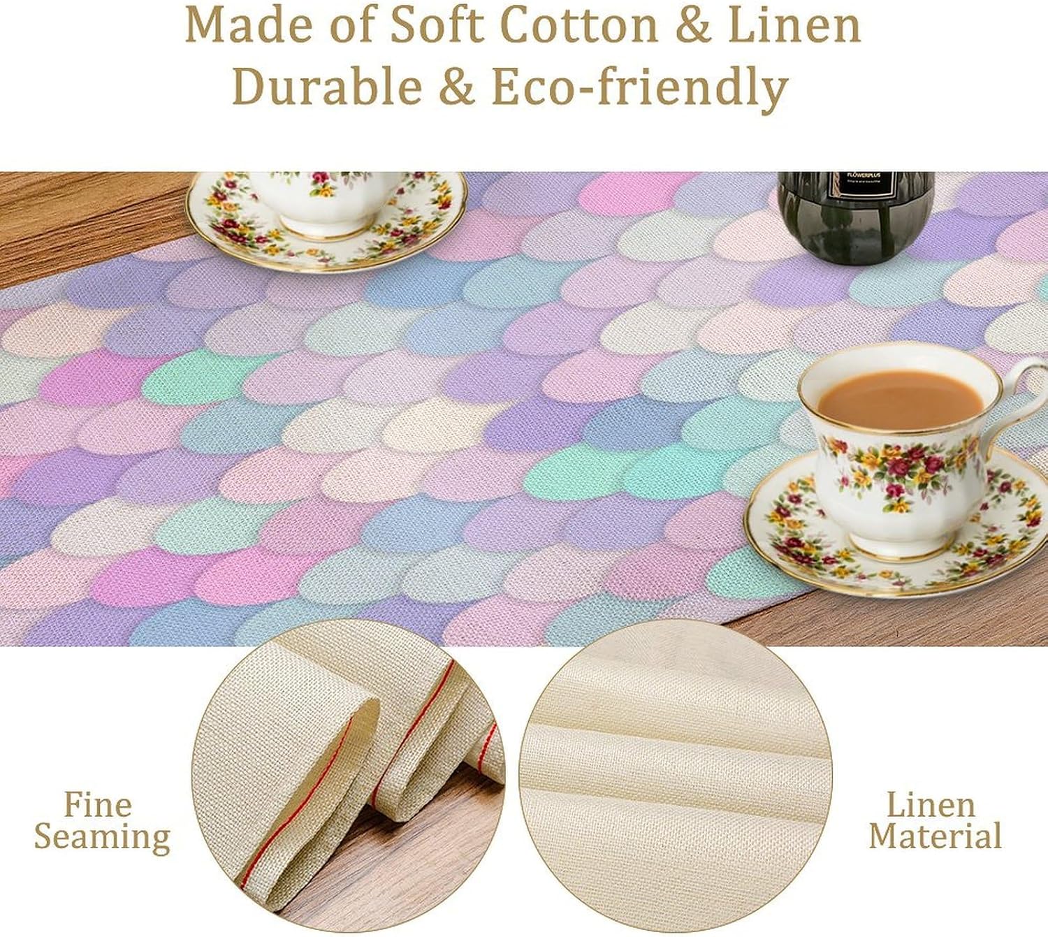 Mermaid Scales Table Runner Sea Theme Magic Blue Purple Pink Watercolor Scales Pattern Printed Linen Table Runner for