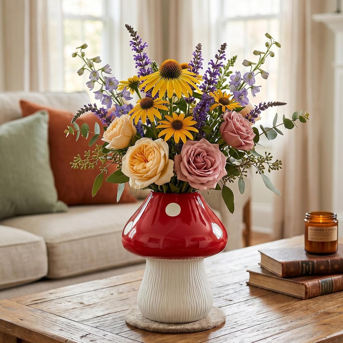 Mushroom Ceramic Flower Vase / Red&white - H6.8