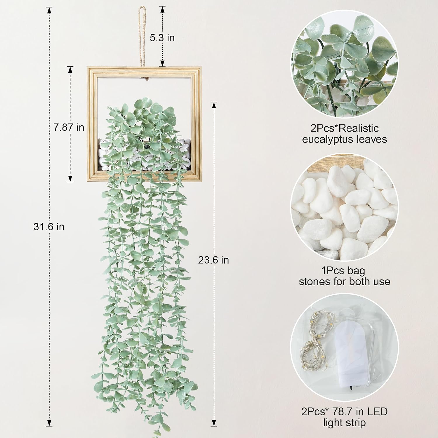 Artificial Eucalyptus Vines in Square Wooden Frame / 7.8" Natural / Set of 2