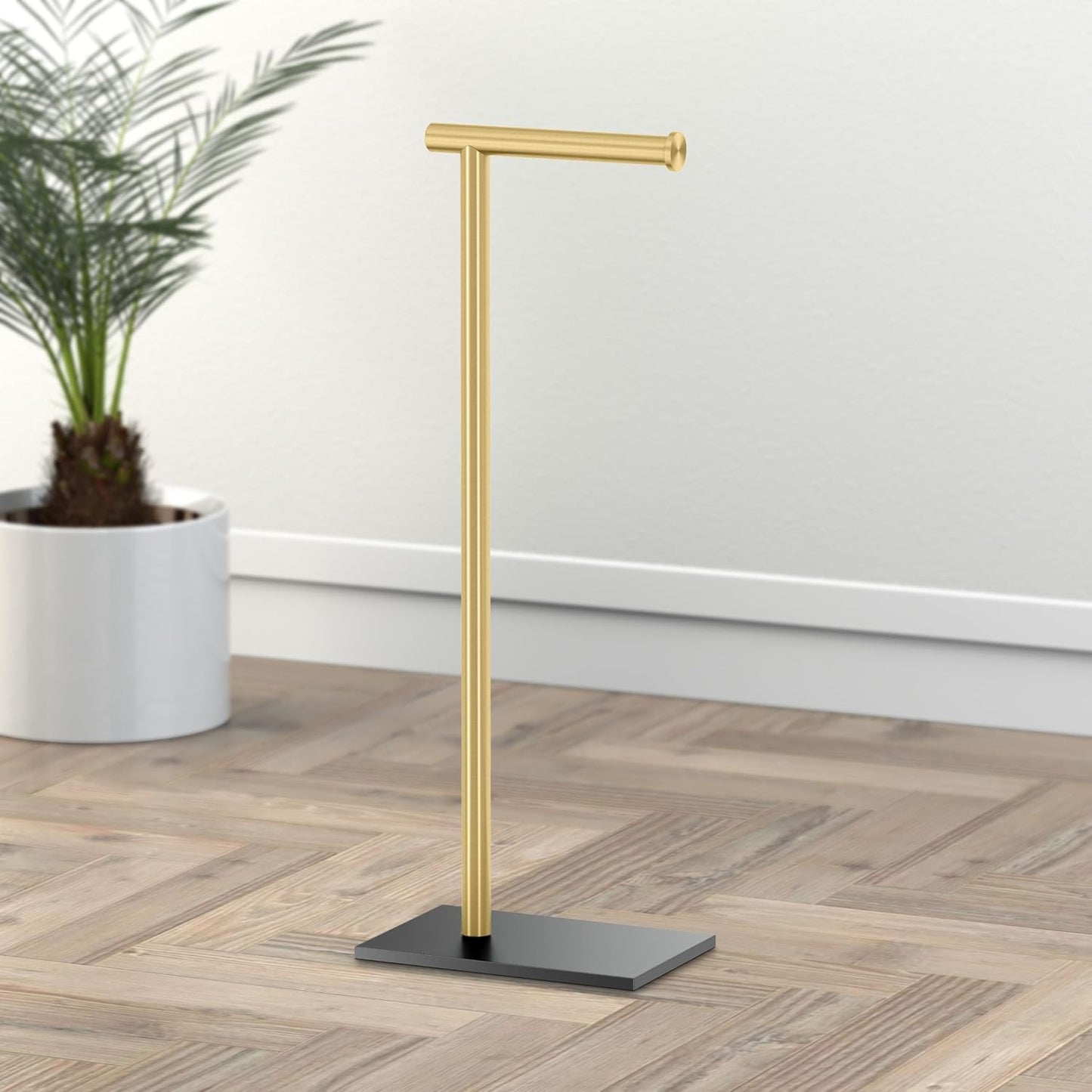 Gatco 1431MXB Modern Rectangle Base Freestanding Toilet Paper Holder, Matte Black/Brushed Brass, Weighted Base, 21.25"
