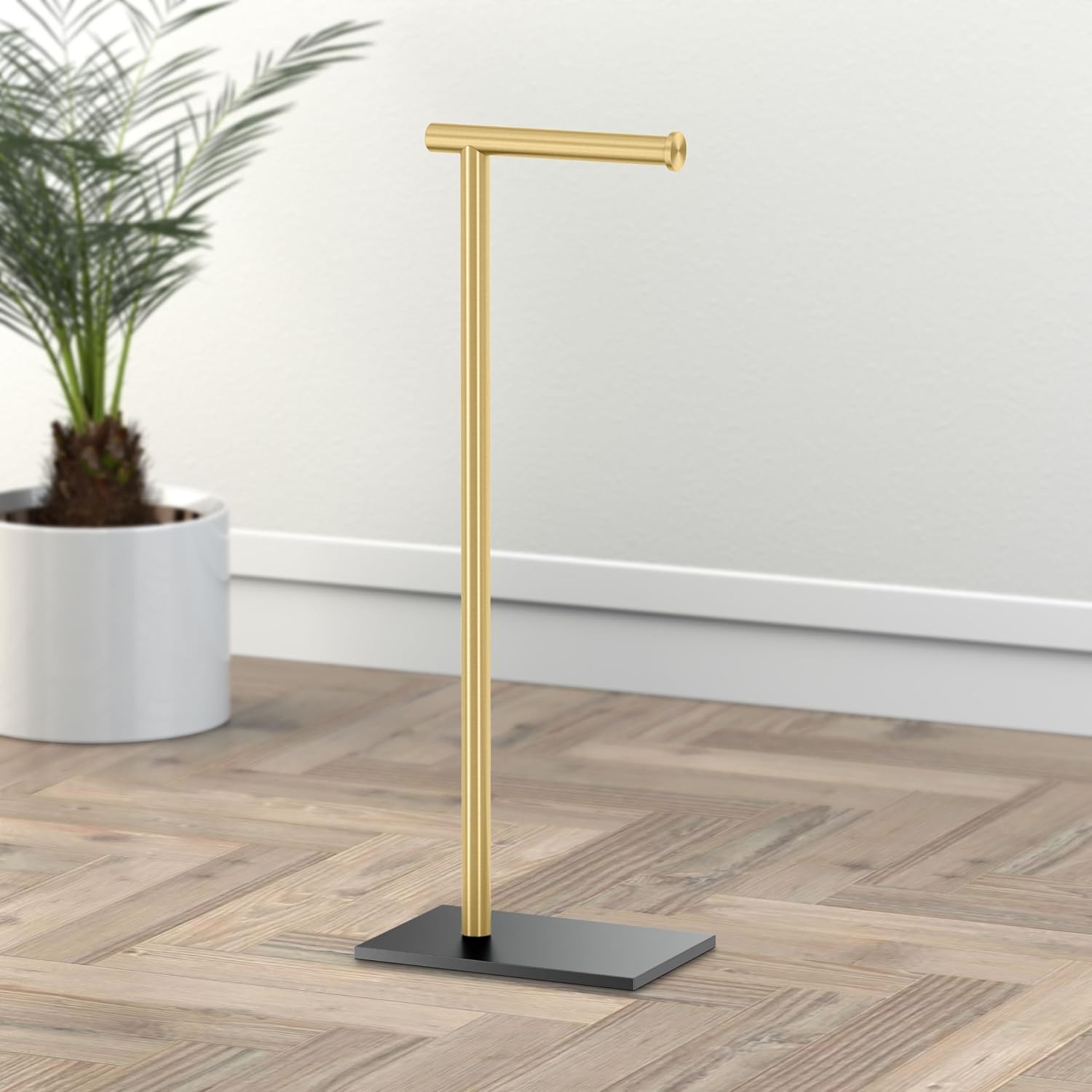 Gatco 1431MXB Modern Rectangle Base Freestanding Toilet Paper Holder, Matte Black/Brushed Brass, Weighted Base, 21.25"