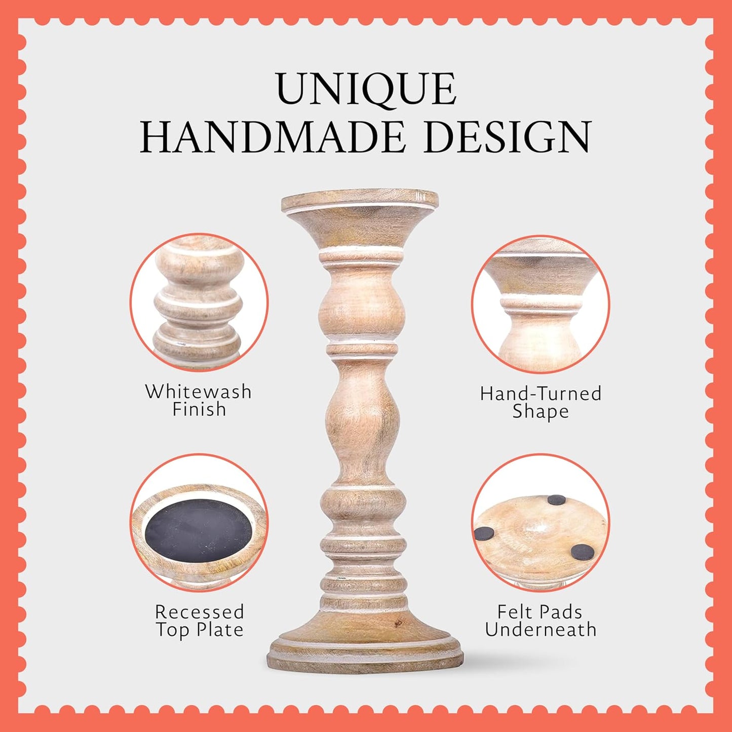 Mango Wood Candle Holders - Whitewash Finish, Set of 3 | Hand-carved decorative pillar stands curated to accent cozy