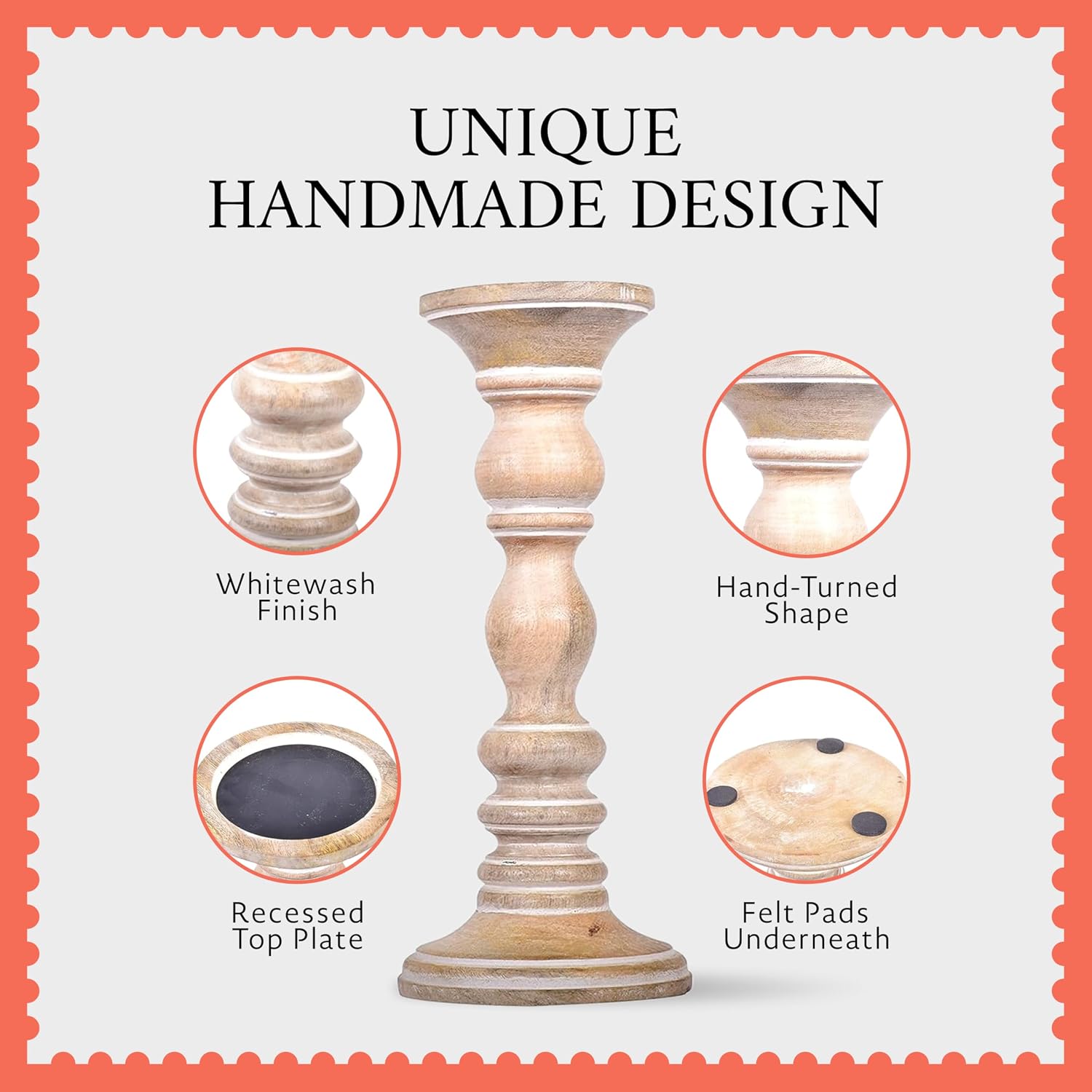 Mango Wood Candle Holders - Whitewash Finish, Set of 3 | Hand-carved decorative pillar stands curated to accent cozy