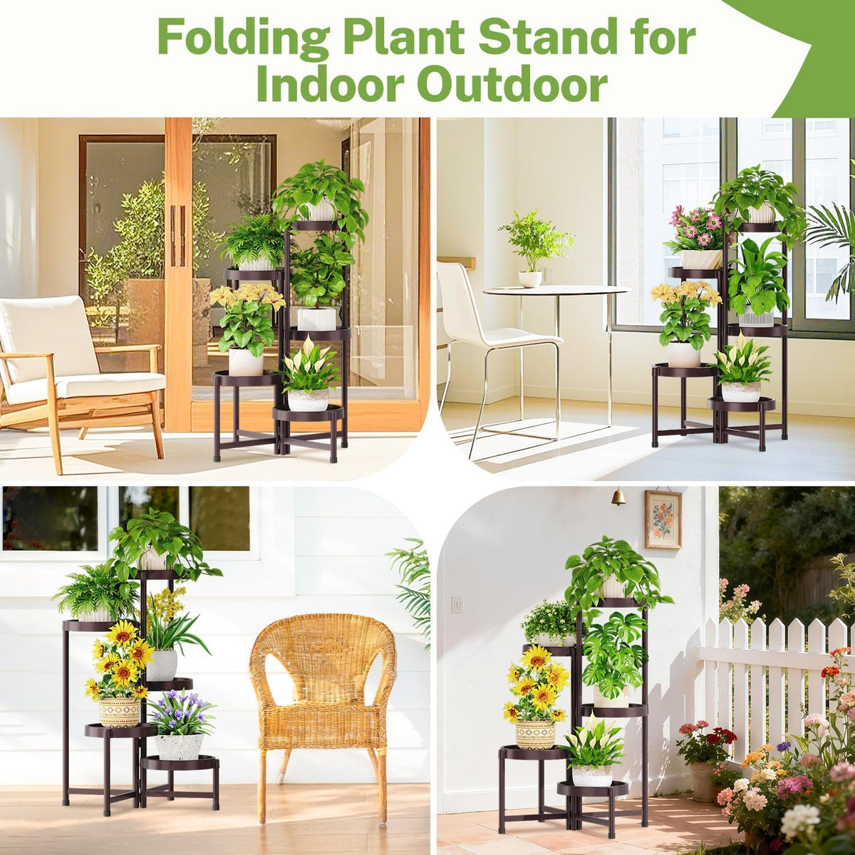 iDavosic.ly 5 Tier Folding Plant Stand Indoor Outdoor, Plastic Tray, Bronze | Space Saving Tiered Corner Storage
