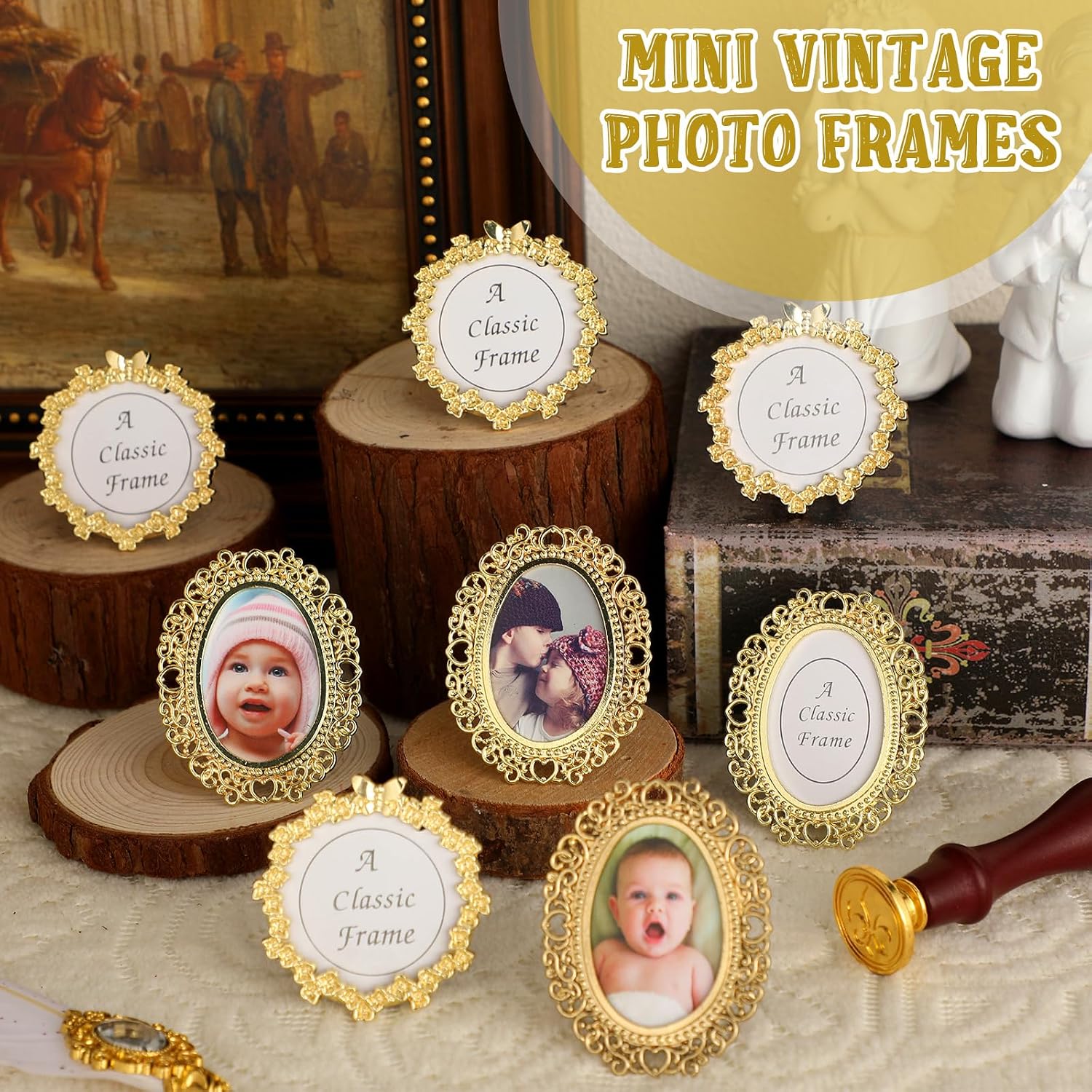 One- Mini Vintage Picture Frame Tiny Metal Picture Frames Antique Mini Photo / Golden / Set of 8