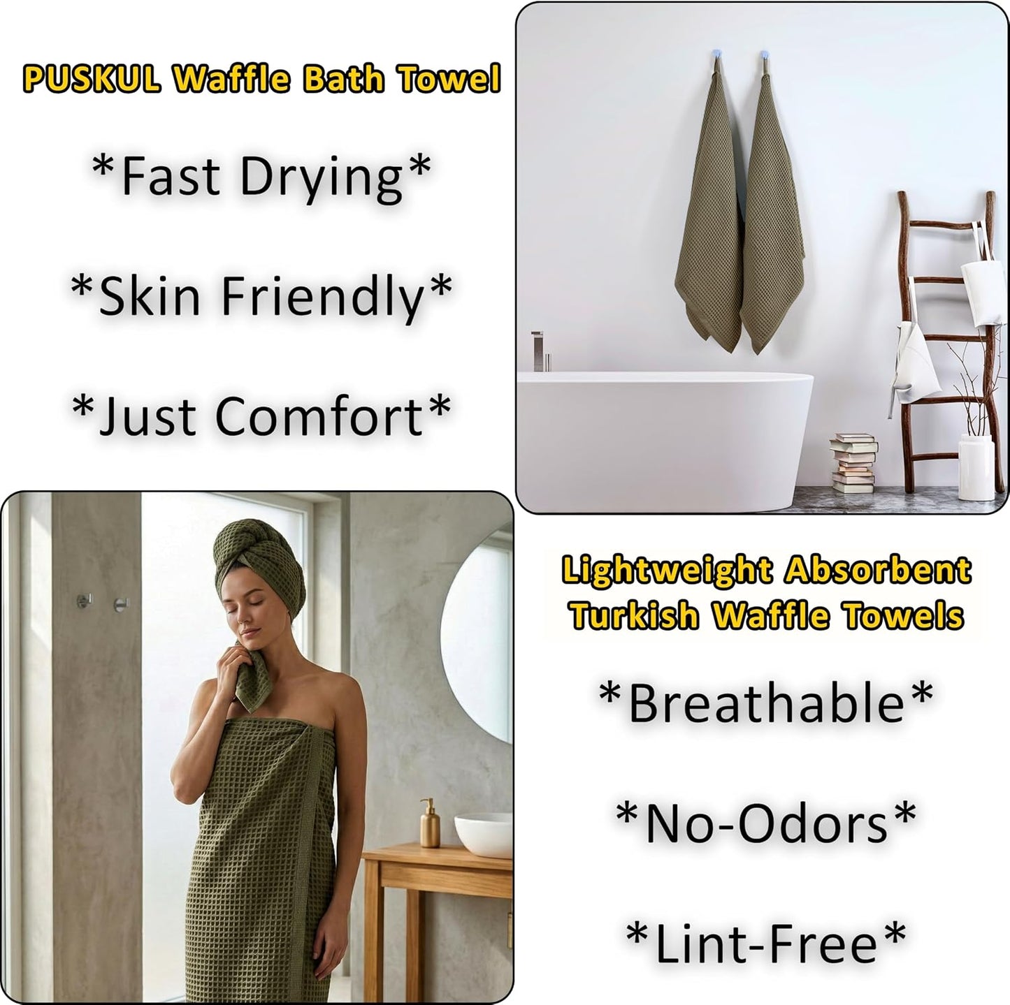 PÜSKÜL Natural 100% Turkish Cotton Waffle Bath Towels Set of 2, Extra-Large | Khaki Green, Oversize 32x63" Bath sheet