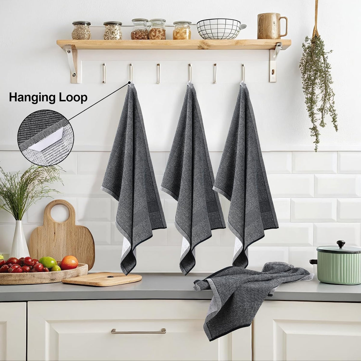 Mordimy Premium Large Cotton Kitchen Towels (18"x 28", 12 Pack), Black | 100% Ring Spun Cotton, Super Absorbent, 380