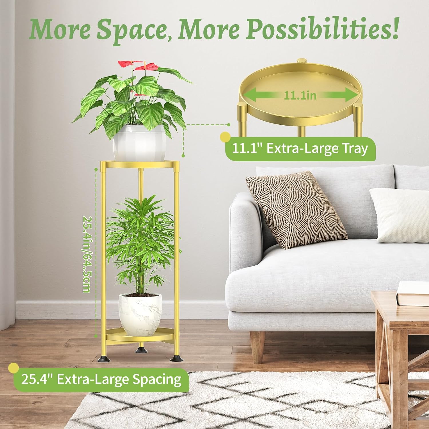 KMOTASUO 2 Tier Metal Plant Stand Tall for Indoor Outdoor Corner, Gold | Heavy Duty Flower Holder Rack, Modern Vertical